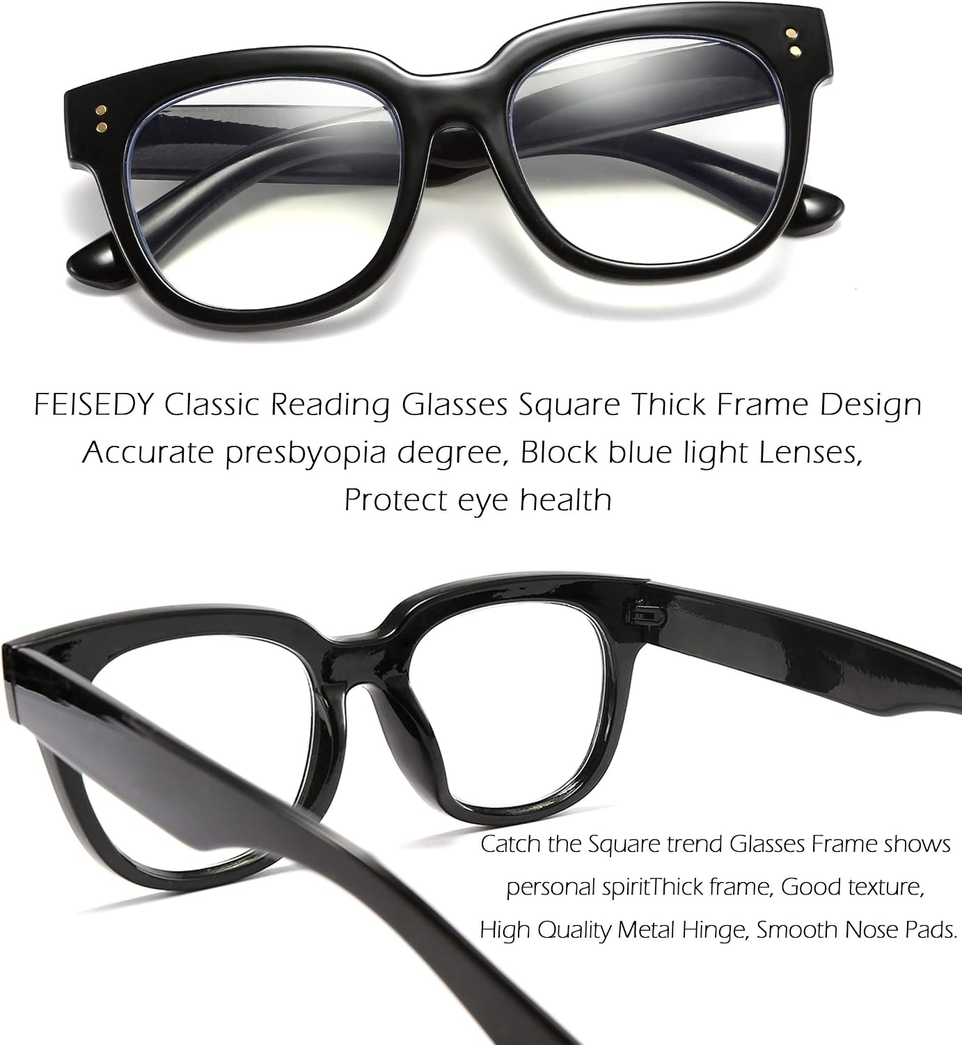 商品图片 4 | B0DBQFZT73 | FEISEDY Retro Square Thick Big Frame Blue Light Blocking Reading Glasses Anti Glare Digital Eyestrain Reader B2523