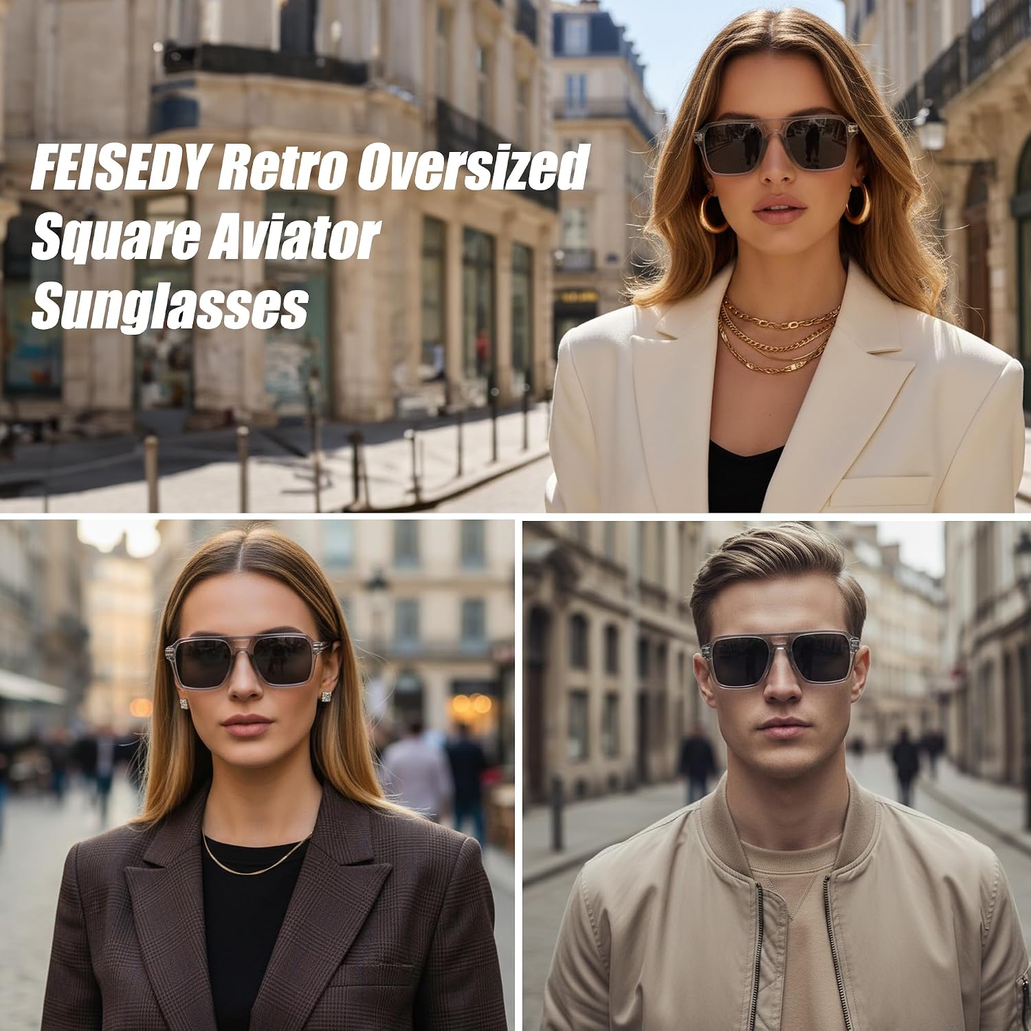 商品图片 15 | B0GVNPDBZQ | FEISEDY Retro Aviator Sunglasses Women Men 70s Trendy Square Shades B0422