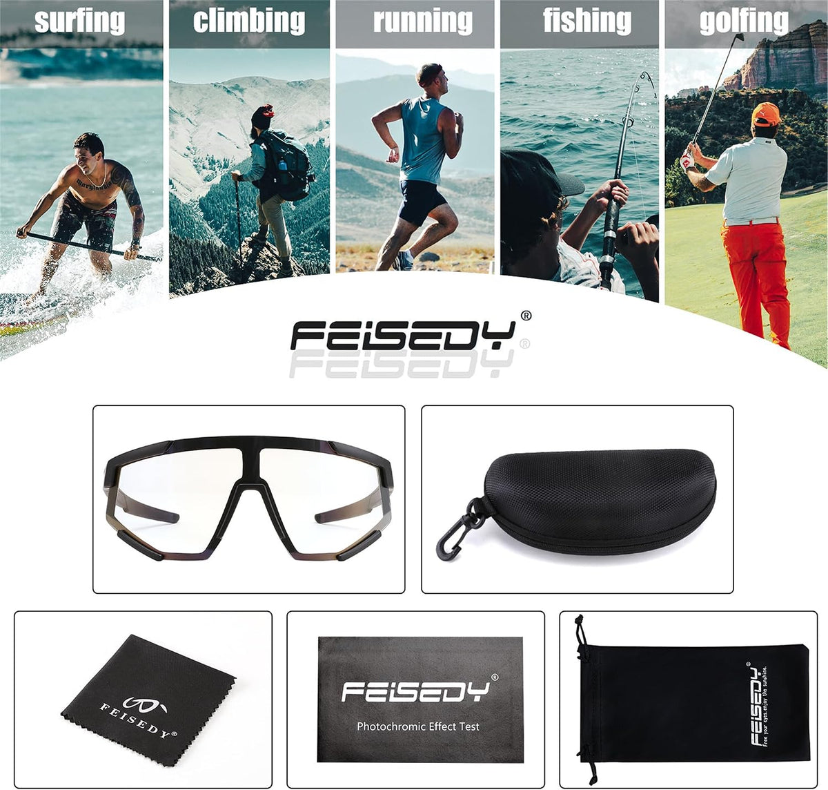 ÉÌƷͼƬ 30 | B0DFMBL68F | FEISEDY Photochromic Sports Sunglasses for Men Women Night Vision Cycling Driving Running Glasses B0233