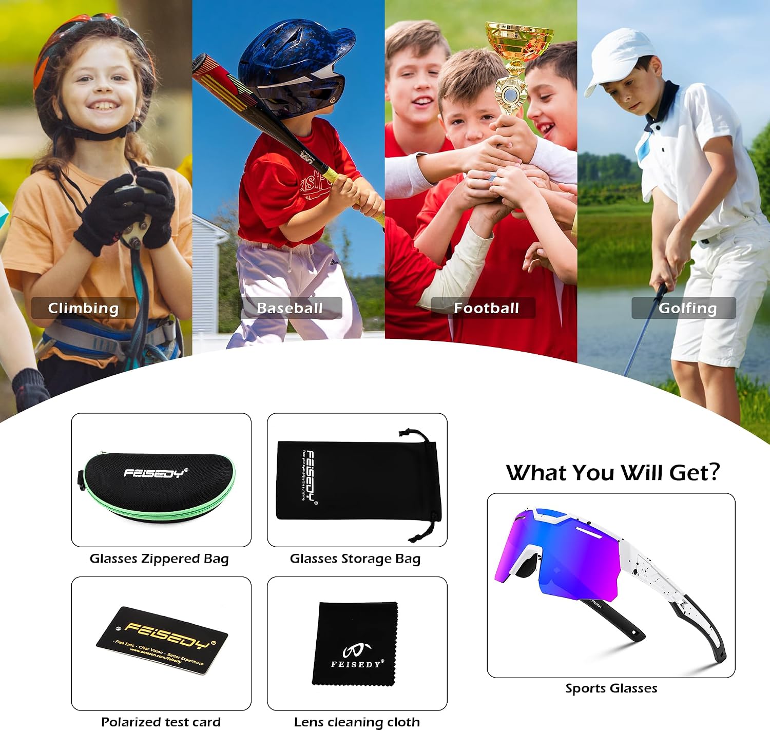 商品图片 14 | B0D78P6WRV | FEISEDY Kids Teens Baseball Polarized Sunglasses Sports Cycling Glasses for Youth Boys Girls Age 8-16 B0157