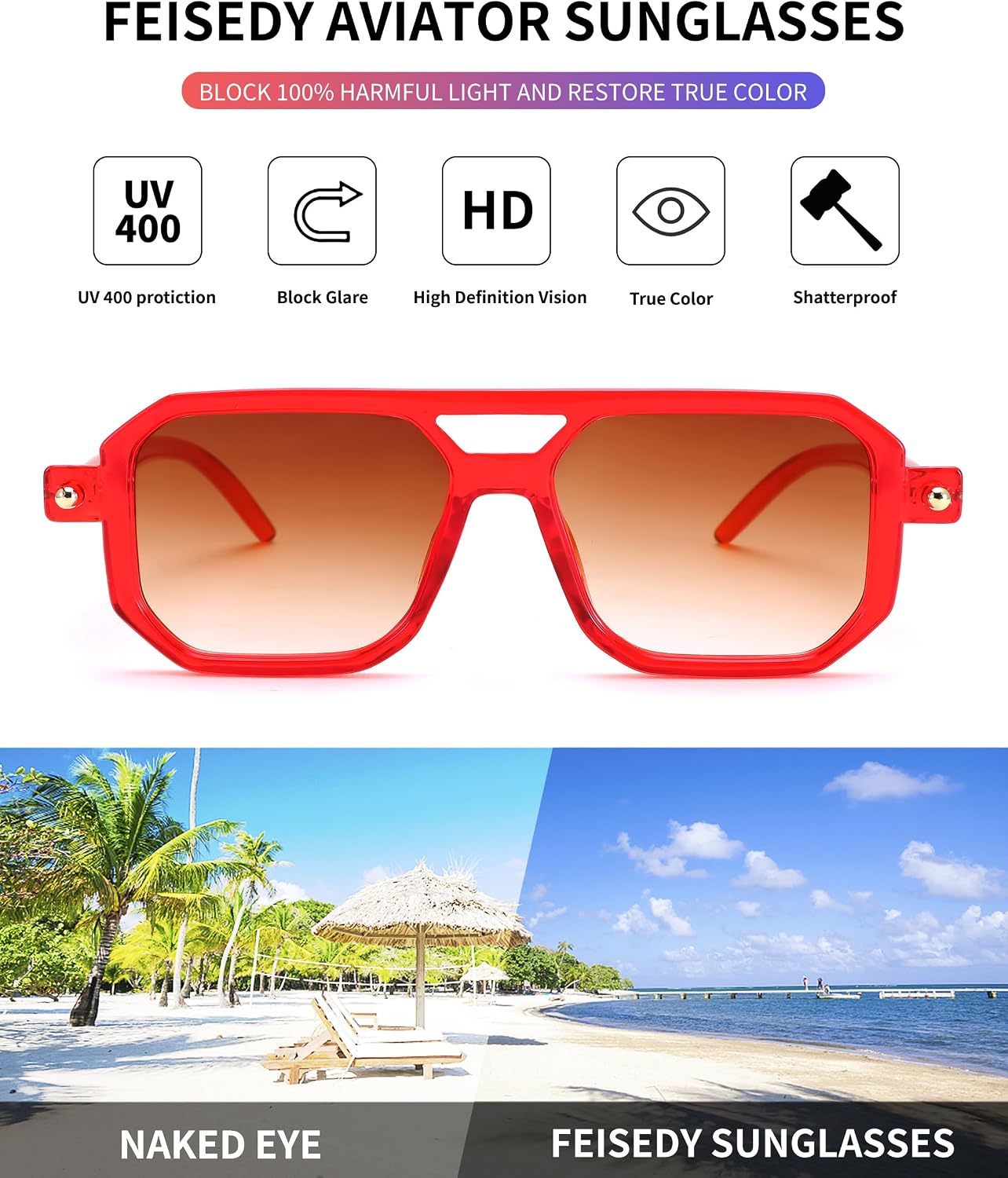 商品图片 29 | B09YTJ4FQZ | FEISEDY Vintage Square 70s Flat Aviator Sunglasses Women Men Classic Retro Stylish Frame UV400 Sunglasses B2622