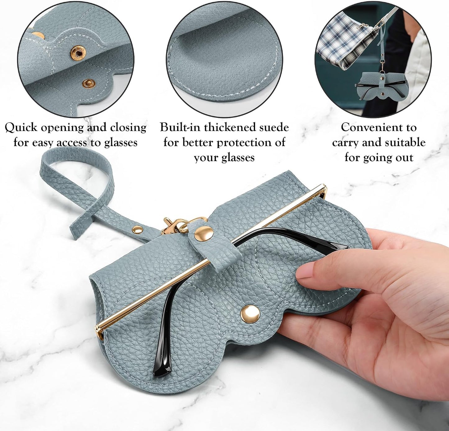 商品图片 8 | B0CFPPR4K1 | FEISEDY 2Pack Soft Leather Sunglass Bag, Portable Holder Eyeglasses Case | Lightweight Portable Design, With Button Clip Wrist Strap for Travel Daily Use B0049