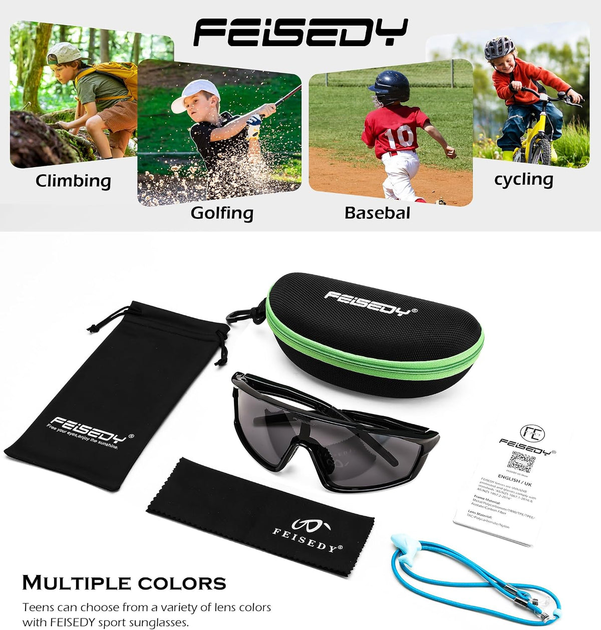 ÉÌƷͼƬ 7 | B0DFLMHFF6 | FEISEDY Kids Teens Baseball Polarized Sunglasses Lightweight TR90 Frame UV400 Sports Cycling Shades for Boys Girls B0186