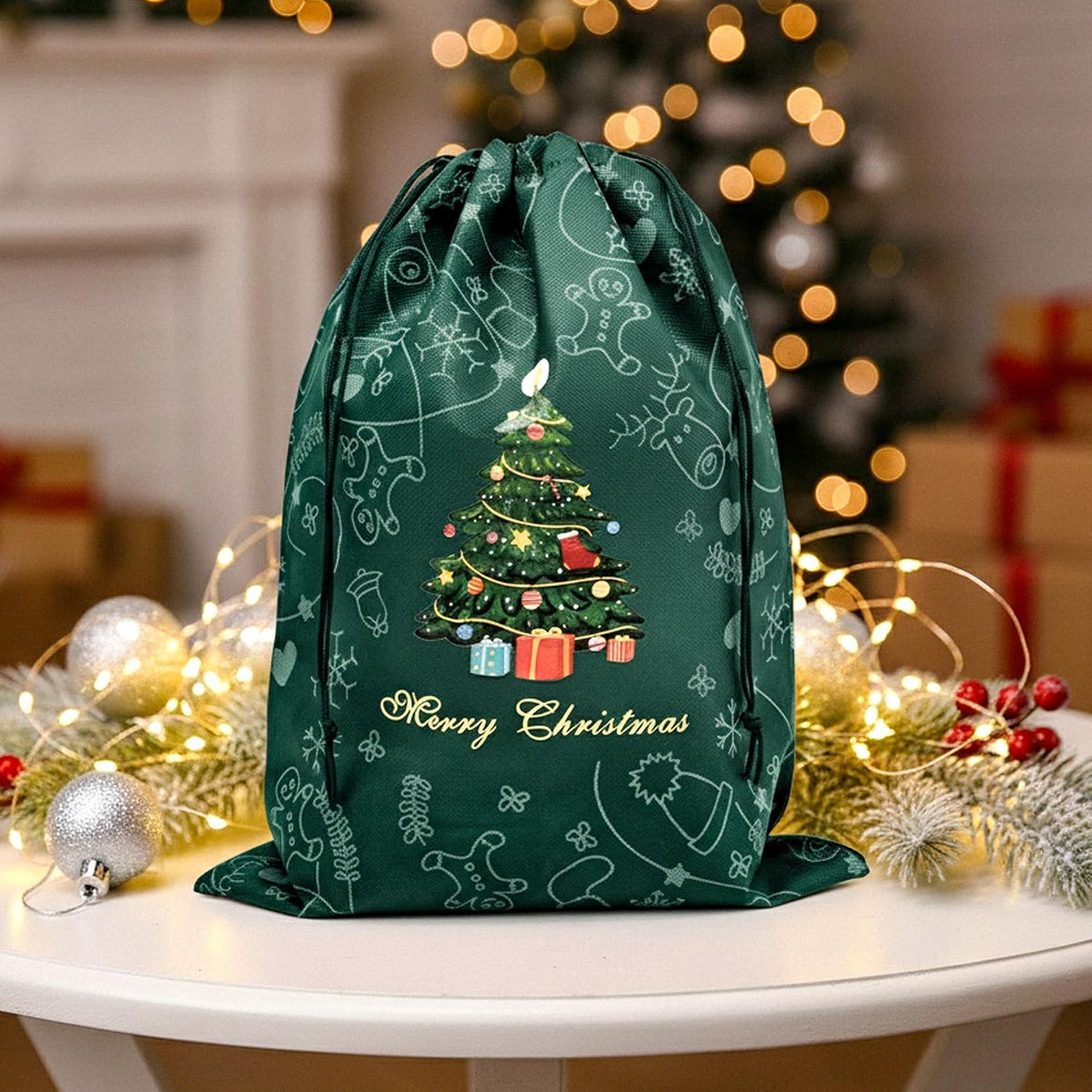 Green | B0FNM79W1D | Christmas Drawstring Gift Bags Festive Tree Pattern Christmas, Dust Bag for Parties, Decorations Daily Storage