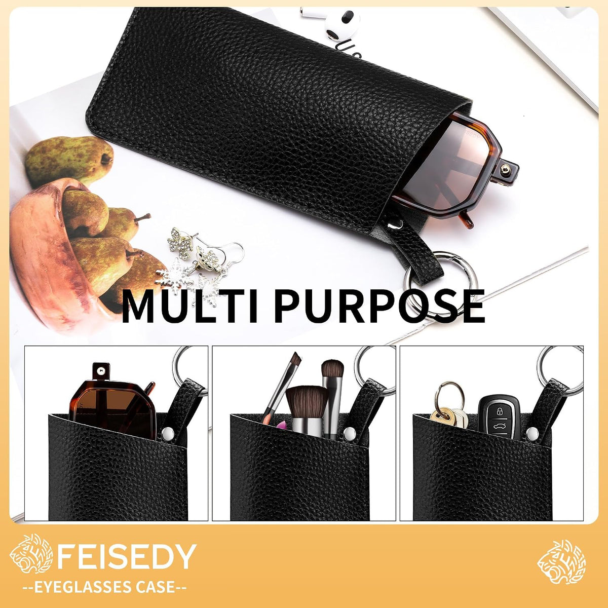 ÉÌƷͼƬ 19 | B0FKBLV8J9 | FEISEDY 2Pack Portable Glasses Case with Clip Hook, Soft Leather Eyeglass case Bag, Slim Sunglasses Pouch B0313