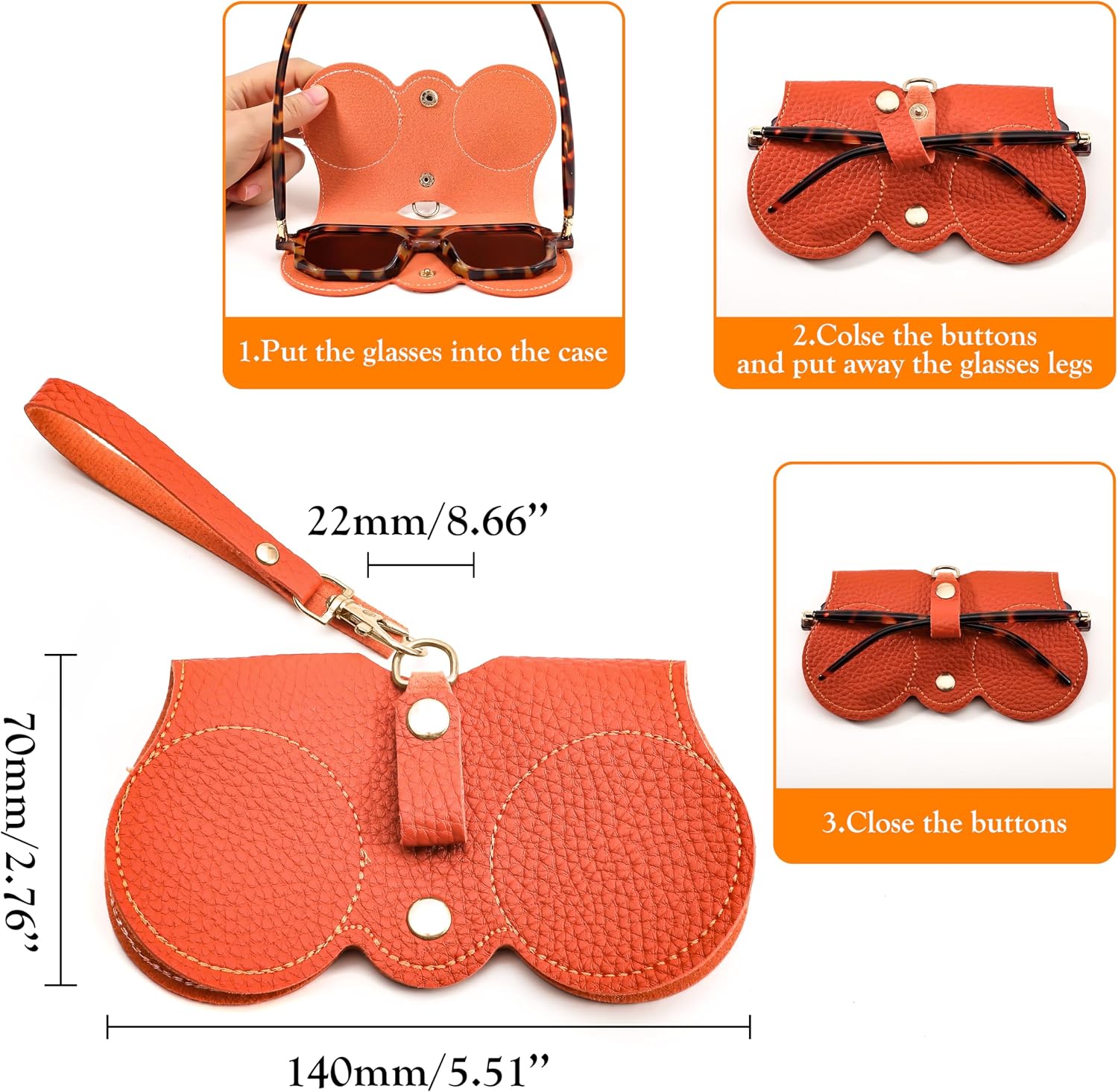 商品图片 14 | B0CFPPR4K1 | FEISEDY 2Pack Soft Leather Sunglass Bag, Portable Holder Eyeglasses Case | Lightweight Portable Design, With Button Clip Wrist Strap for Travel Daily Use B0049