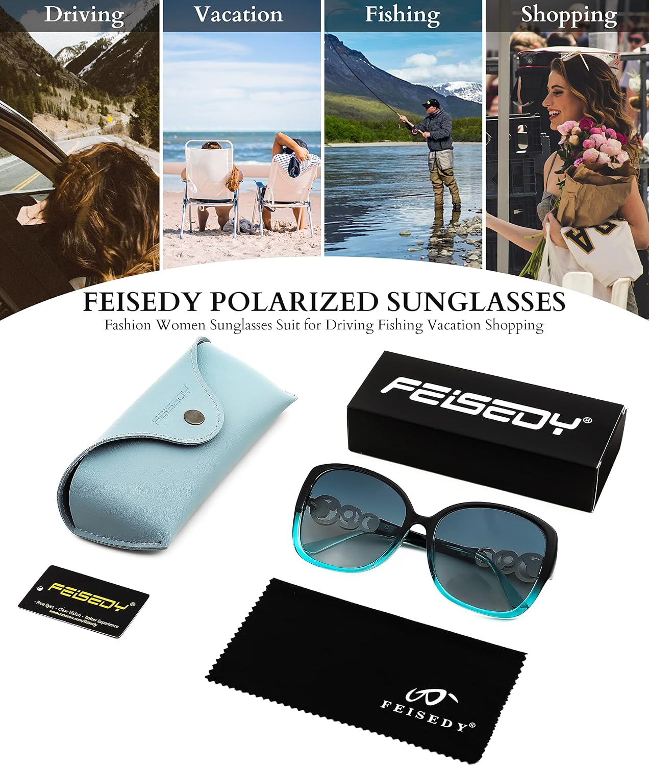 商品图片 14 | B0BJ71VZCB | FEISEDY Women's Fashion Sunglasses, Oversized Square Frame with Pearl Sparkling, Polarized UV Protection B2821