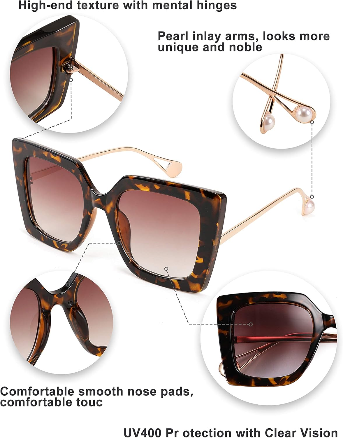 商品图片 76 | B08HVPGJW5 | FEISEDY Sunglasses Womens Trendy, Oversized Square Shades, Pearl Inlay Cat Eye Frame UV400 Protection B2625