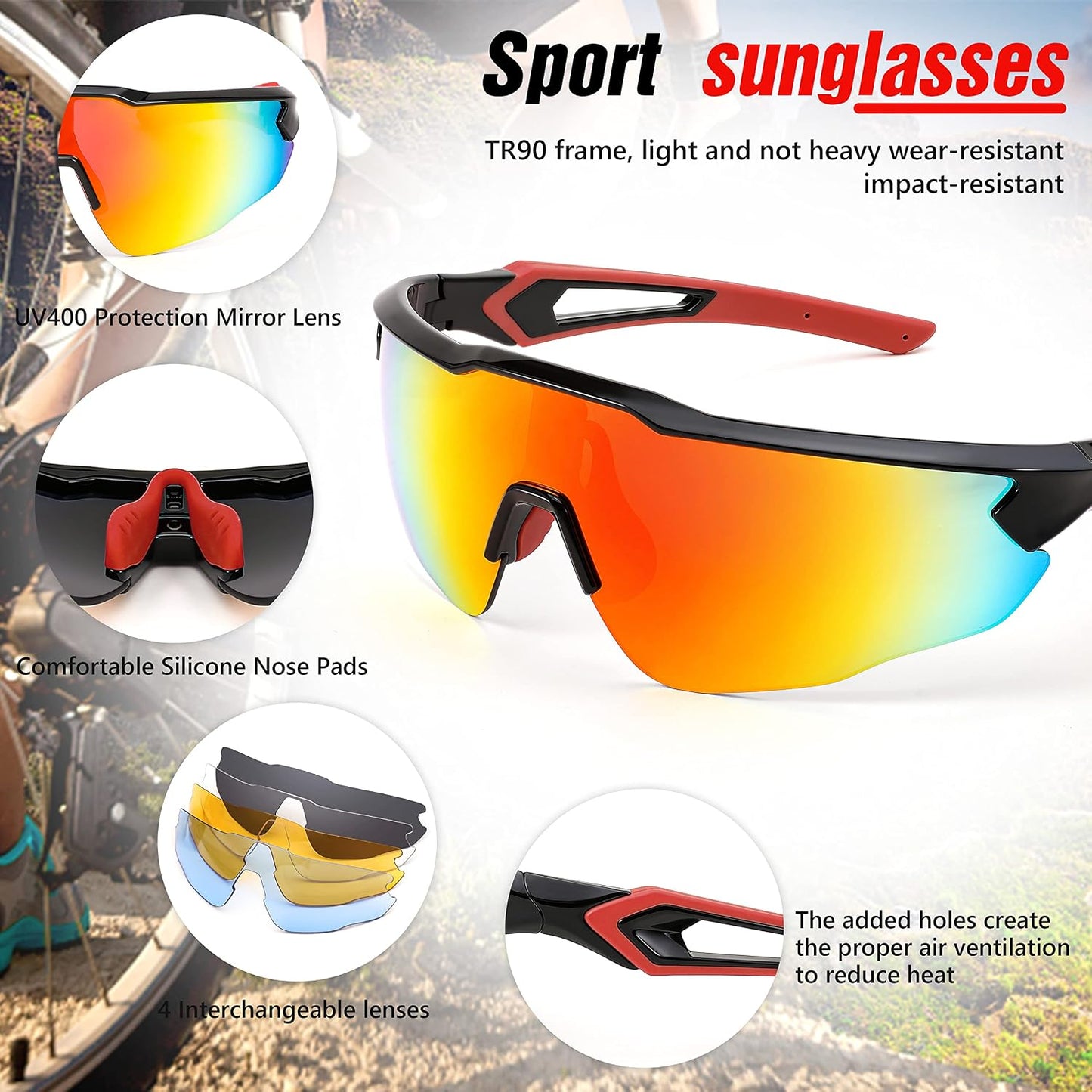 商品图片 3 | B0B2WDLNDM | FEISEDY Sports Sunglasses, with 5 Lenses for Men Women, TR90 Lightweight, Baseball Cycling Motorcycle Running Golf B2940