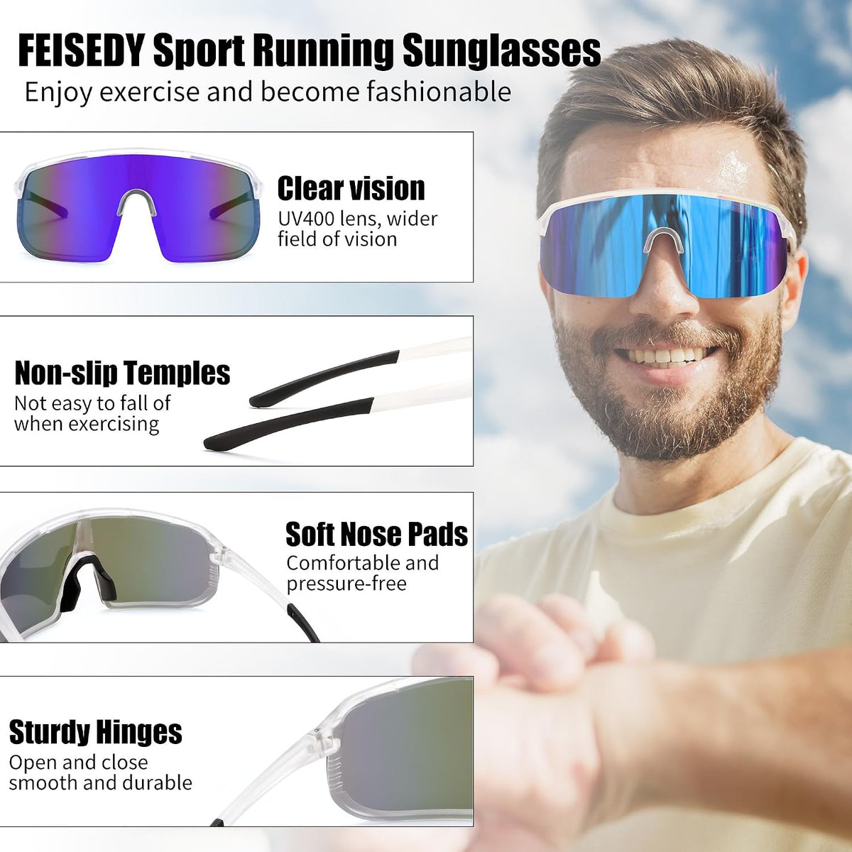 ÉÌƷͼƬ 19 | B0DGTRTMPX | FEISEDY Sports Sunglasses for Men and Women, Large Rectangular Lens, Baseball Cycling Running Sunglasses B0243