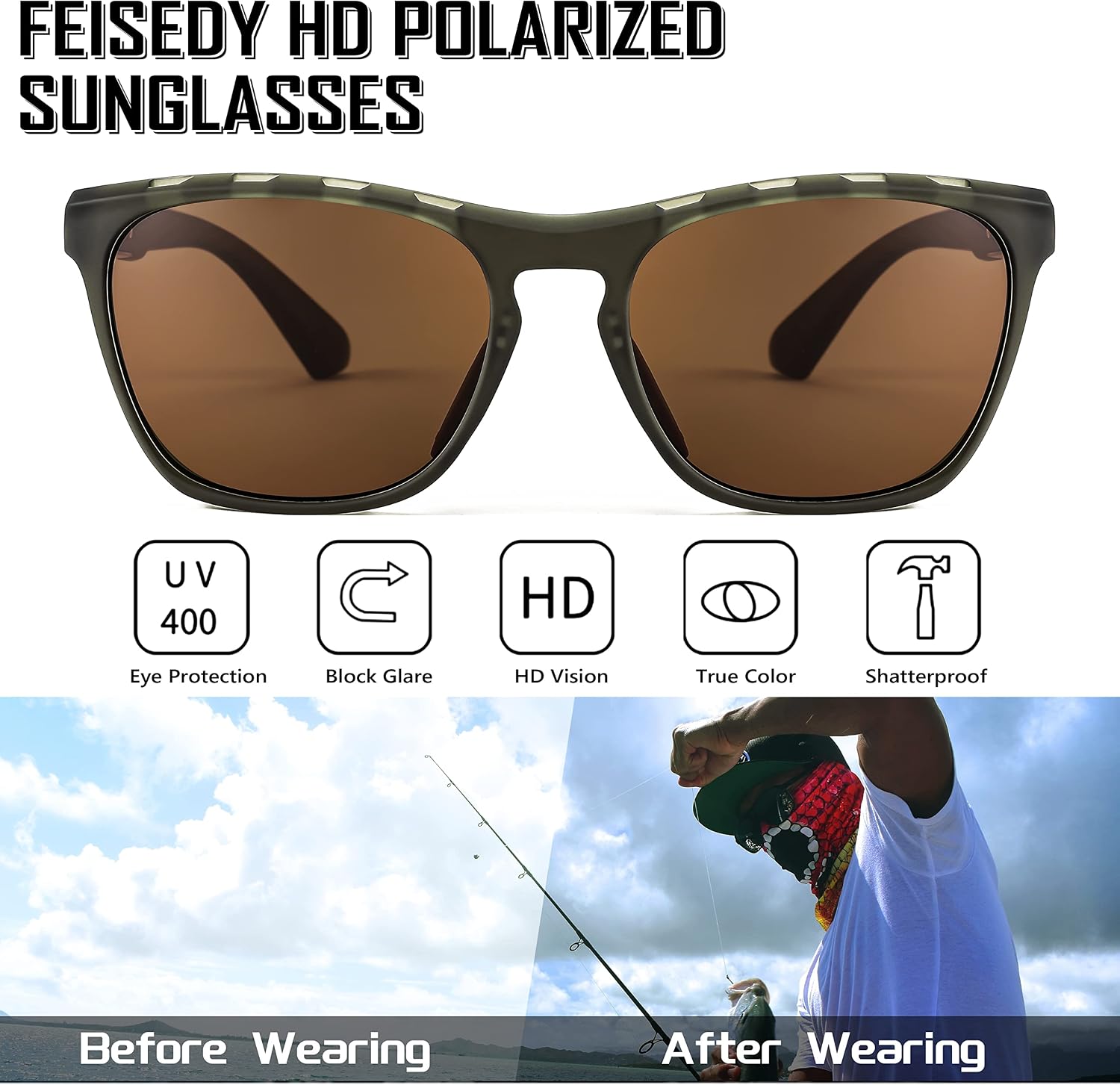 商品图片 3 | B0BMTM1T1B | FEISEDY Polarized Sunglasses for Men,Lightweight TR90 Square Frame,Sports Fishing Golf UV400 Protection B2998