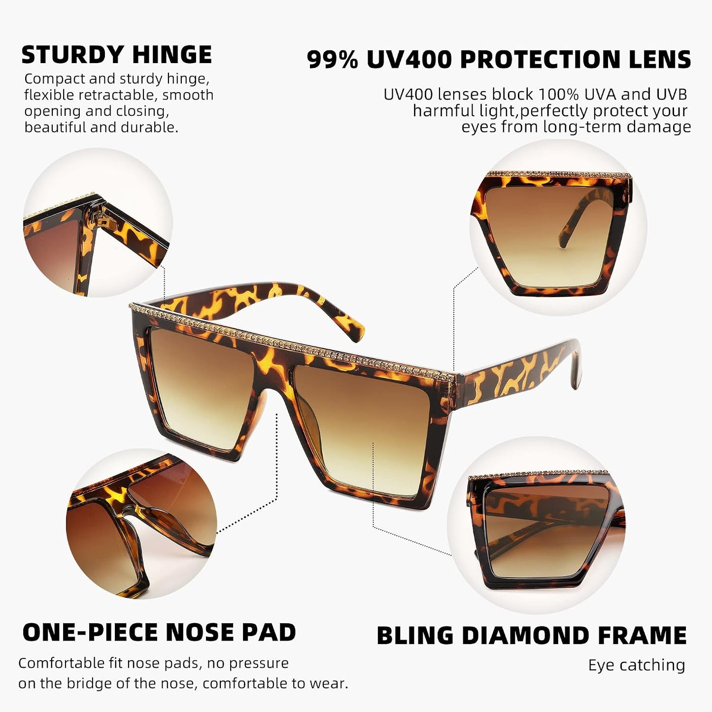 商品图片 6 | B0BQ2D8YFC | FEISEDY Oversized Square Sunglasses for Women Trendy Retro Big Sun Glasses Rhinestone Sunglasses B2347