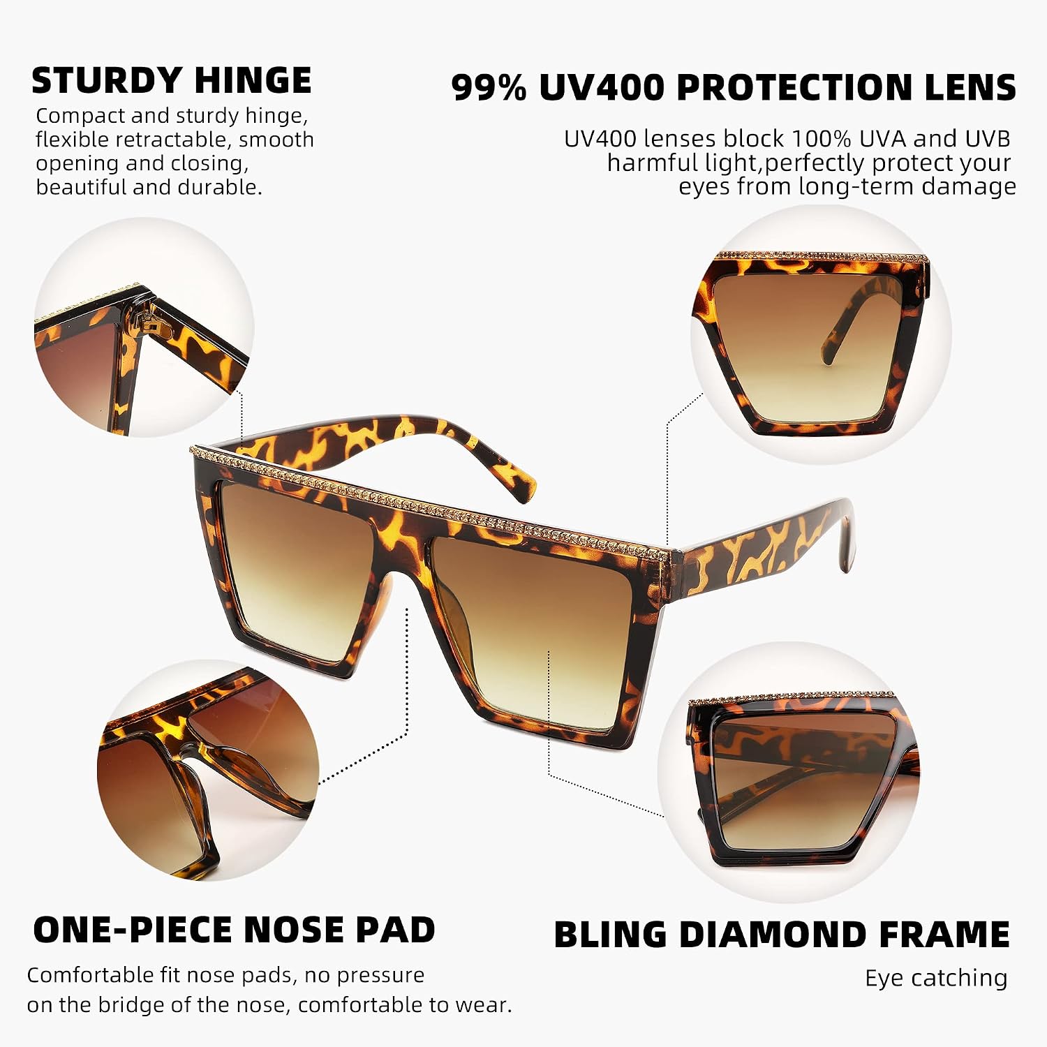 商品图片 6 | B0BQ2D8YFC | FEISEDY Oversized Square Sunglasses for Women Trendy Retro Big Sun Glasses Rhinestone Sunglasses B2347