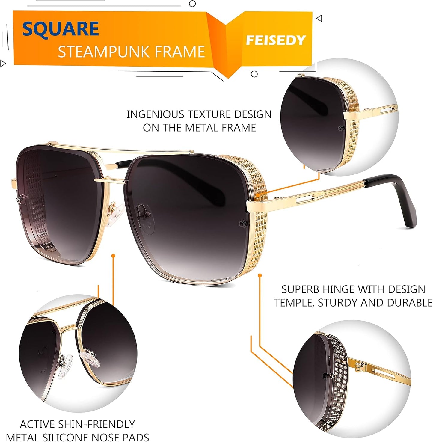商品图片 32 | B09SDC5BD5 | FEISEDY Sunglasses Mens Women Vintage Pilot Square Trendy Metal Steampunk Fishing Driving Sun Glasses B2894