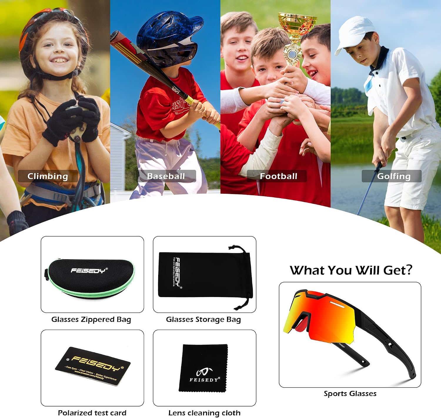 商品图片 21 | B0D78P6WRV | FEISEDY Kids Teens Baseball Polarized Sunglasses Sports Cycling Glasses for Youth Boys Girls Age 8-16 B0157