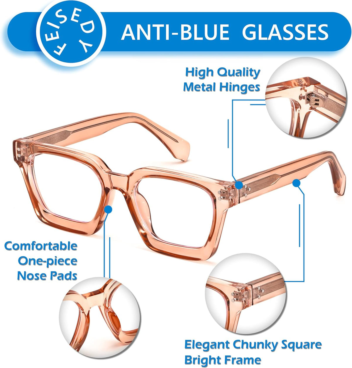 ÉÌƷͼƬ 18 | B0CWRK3FFF | FEISEDY Blue Light Blocking Glasses Women Men Chunky Square Computer Glasses B0101