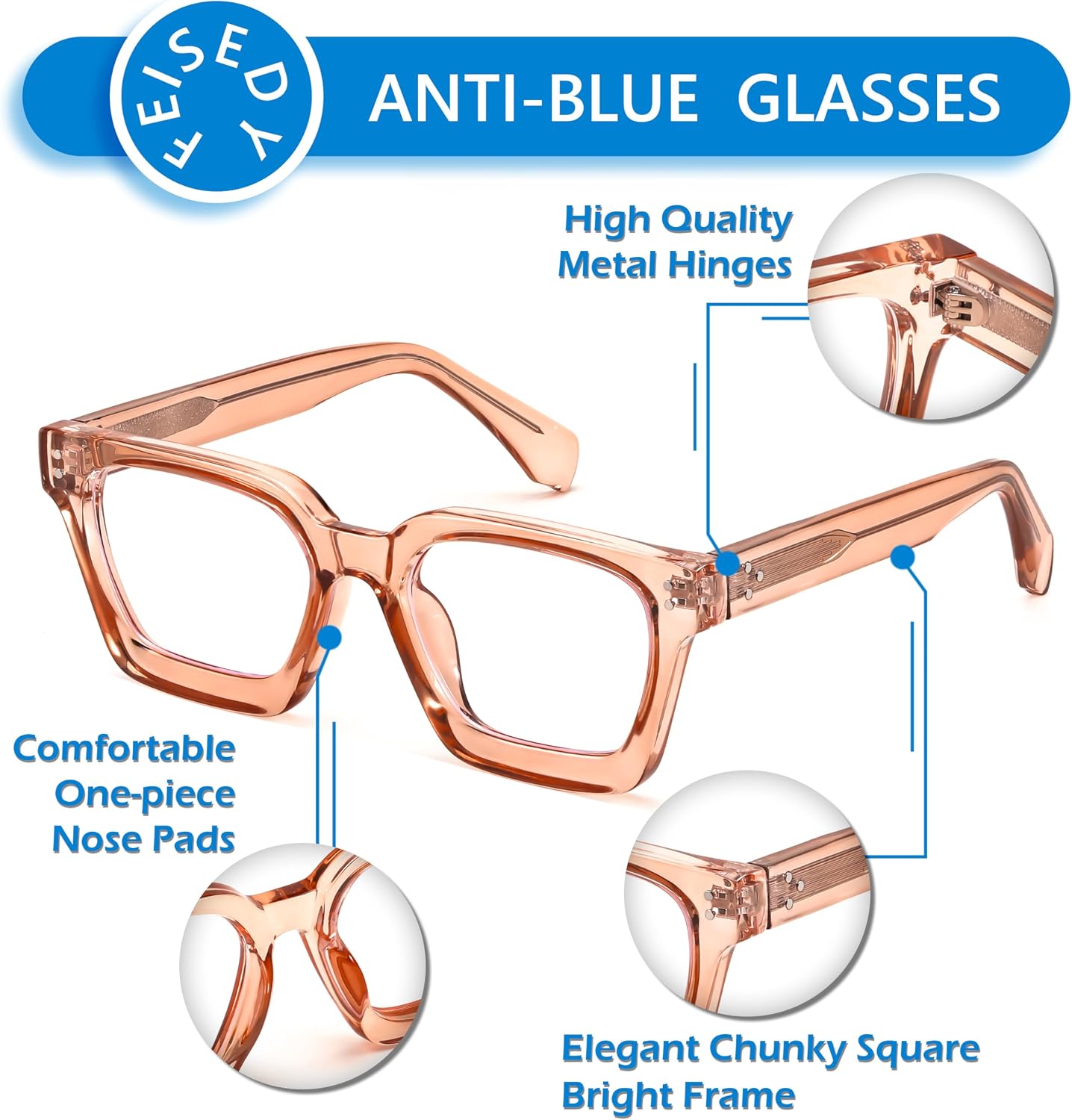商品图片 18 | B0CWRK3FFF | FEISEDY Blue Light Blocking Glasses Women Men Chunky Square Computer Glasses B0101