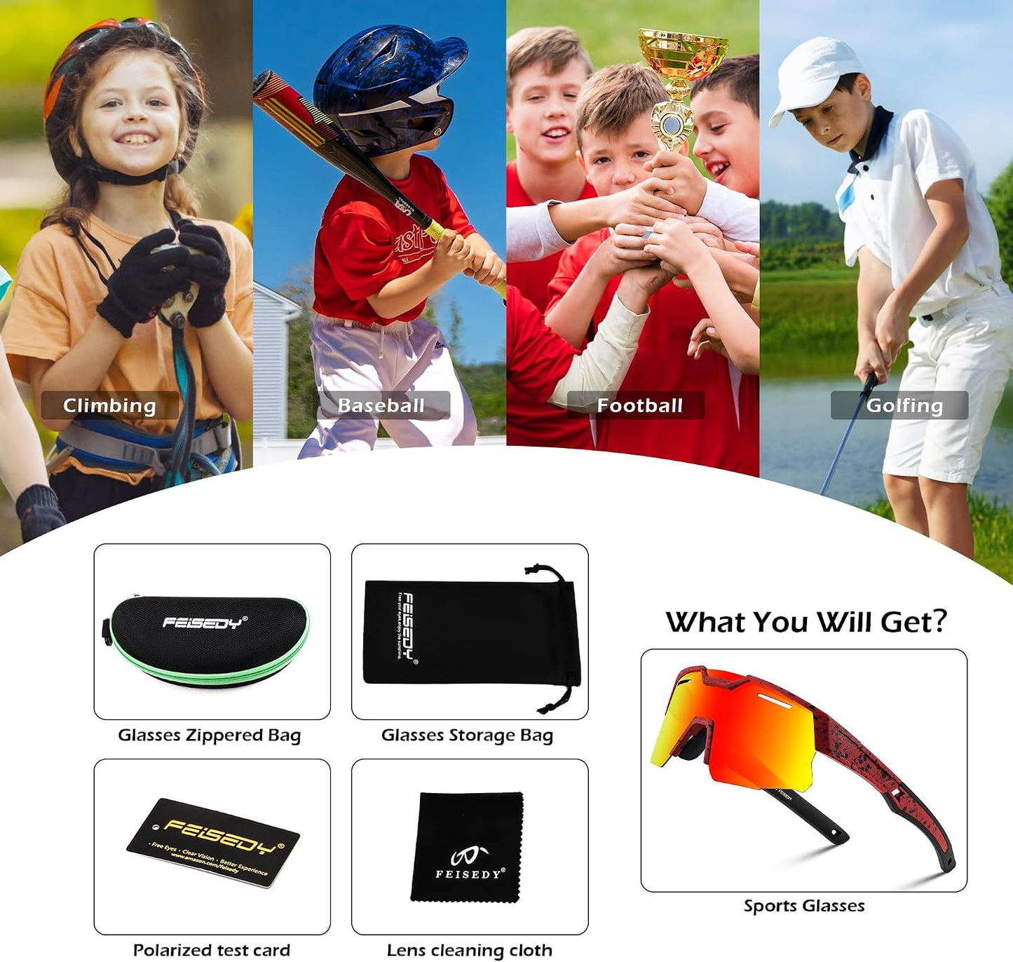 商品图片 35 | B0D78P6WRV | FEISEDY Kids Teens Baseball Polarized Sunglasses Sports Cycling Glasses for Youth Boys Girls Age 8-16 B0157