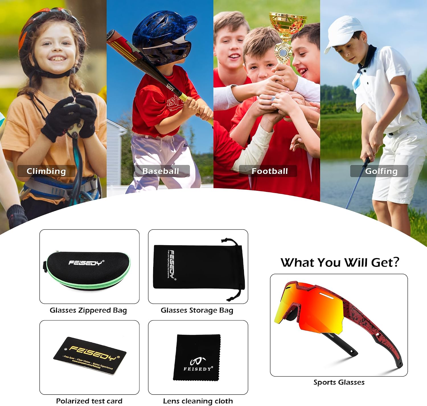 商品图片 35 | B0D78P6WRV | FEISEDY Kids Teens Baseball Polarized Sunglasses Sports Cycling Glasses for Youth Boys Girls Age 8-16 B0157