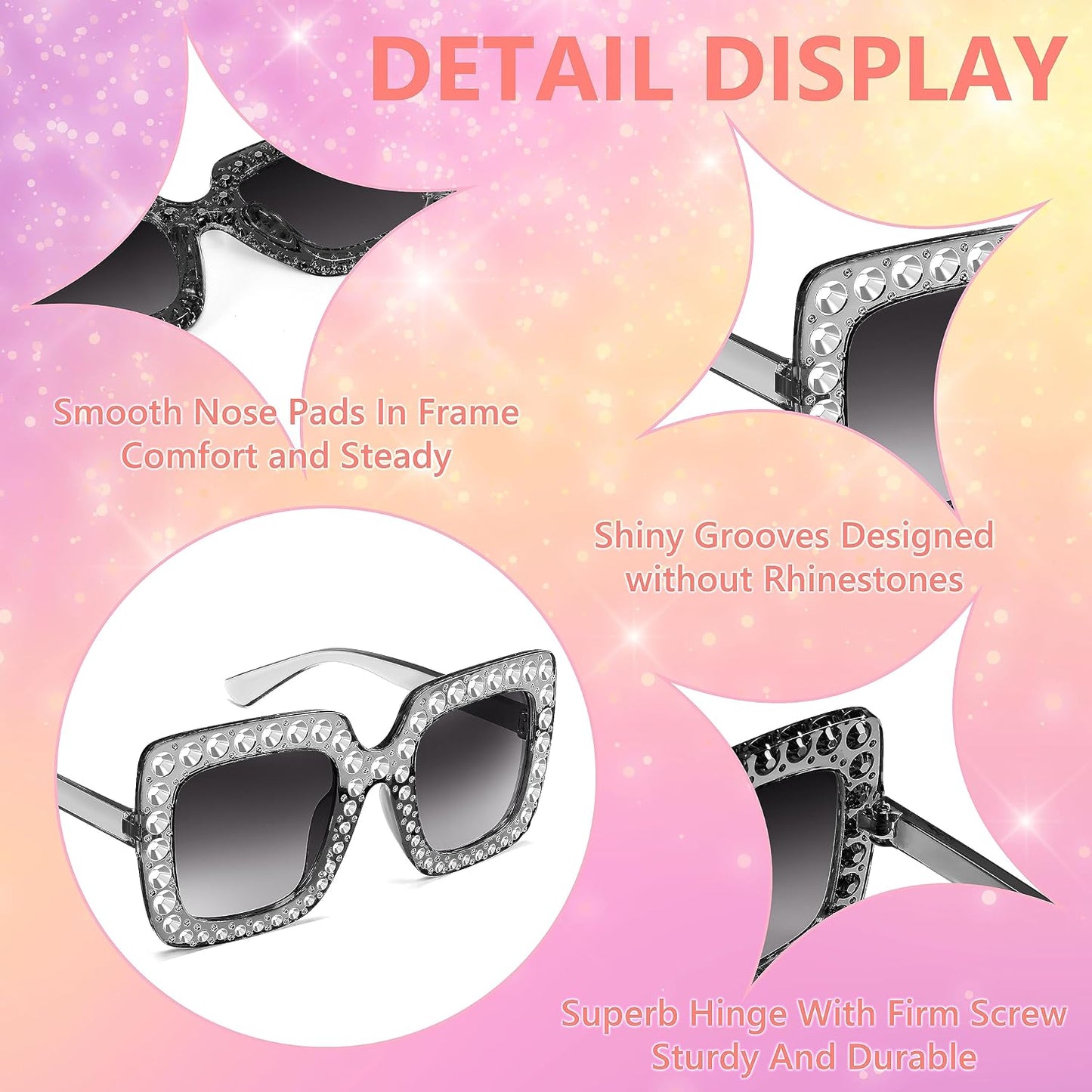 商品图片 24 | B0CFHLB4YT | FEISEDY Kids Sunglasses for Girls Oversized Square Sparkling Party Sun Glasses Lightweight Fashion Shades B0053
