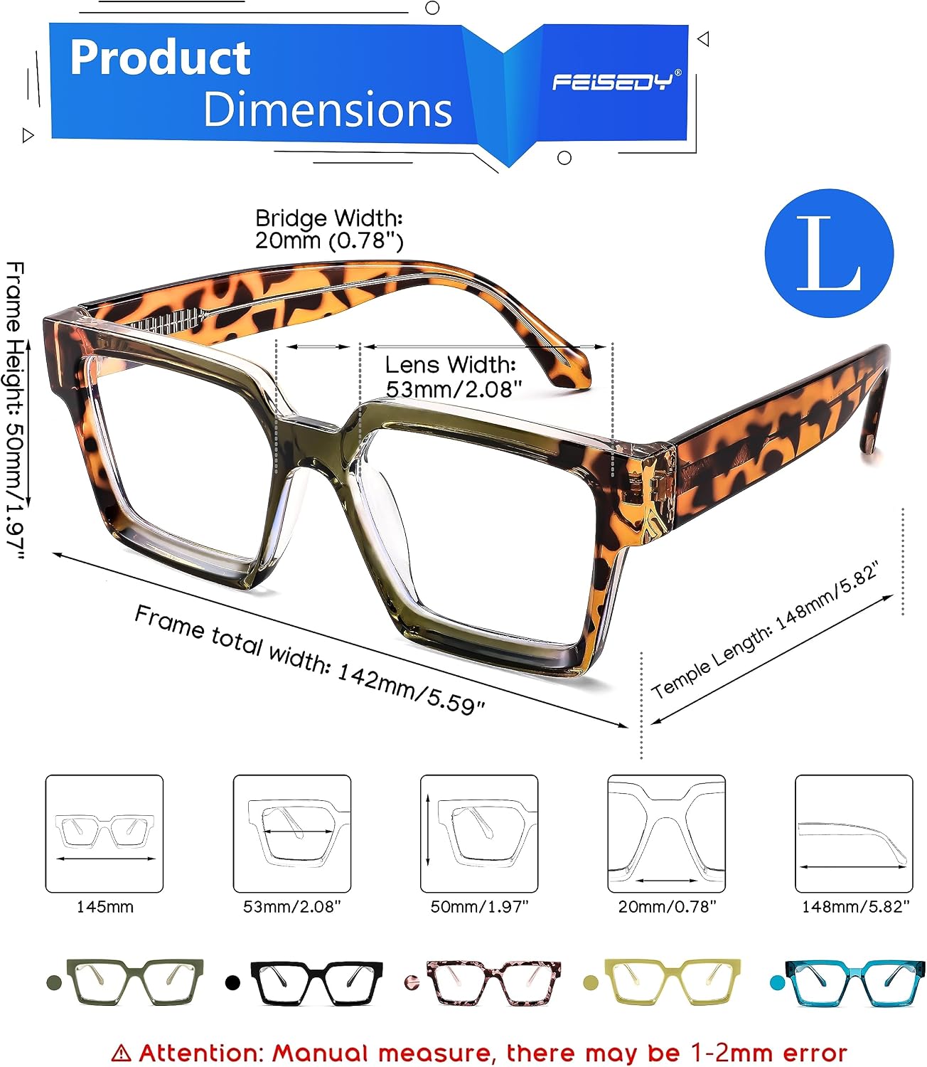 商品图片 29 | B0CDBH37B5 | FEISEDY Oversized Blue Light Glasses for Women Men TR90 Retro Square Anti Eyestrain Glasses Rectangle Fashion Frame B0037