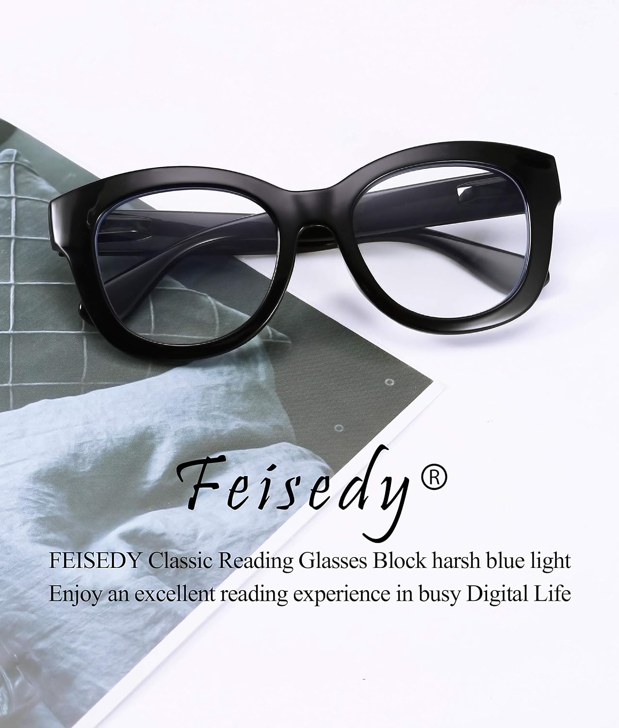 商品图片 13 | B082SVW71F | FEISEDY Retro Reading Glasses Thick Square Big Frame Blue Light Blocking Lens Anti Glare Digital Eyestrain B2534