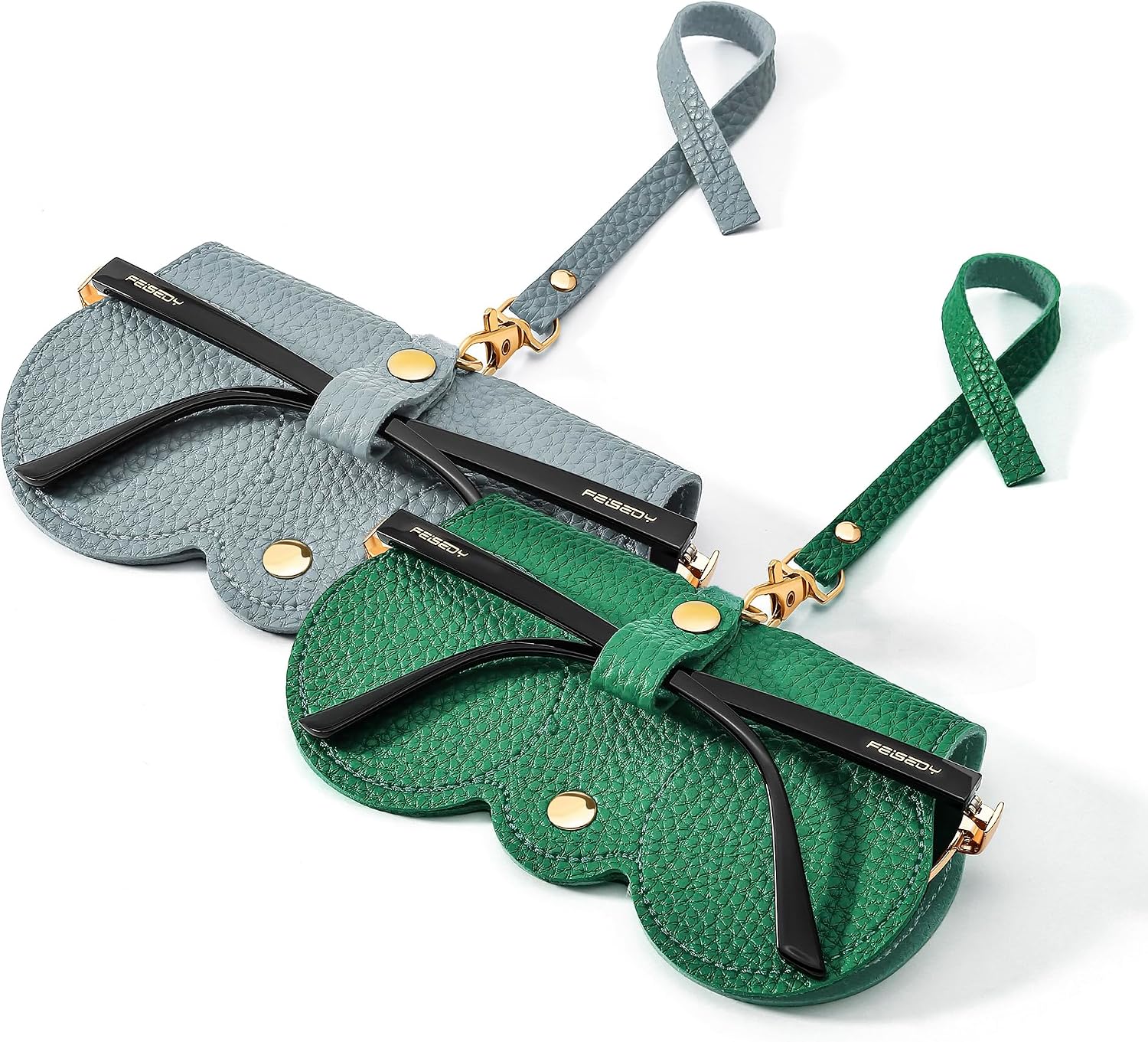 Blue+green | B0FQHFX59K | FEISEDY 2Pack Soft Leather Sunglass Bag, Portable Holder Eyeglasses Case | Lightweight Portable Design, With Button Clip Wrist Strap for Travel Daily Use B0049