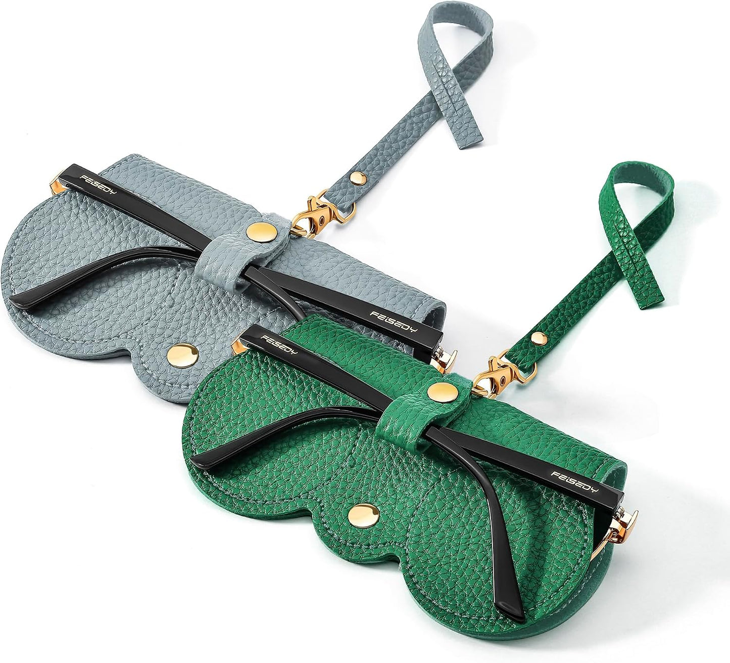 Blue+green | B0FQHFX59K | FEISEDY 2Pack Soft Leather Sunglass Bag, Portable Holder Eyeglasses Case | Lightweight Portable Design, With Button Clip Wrist Strap for Travel Daily Use B0049