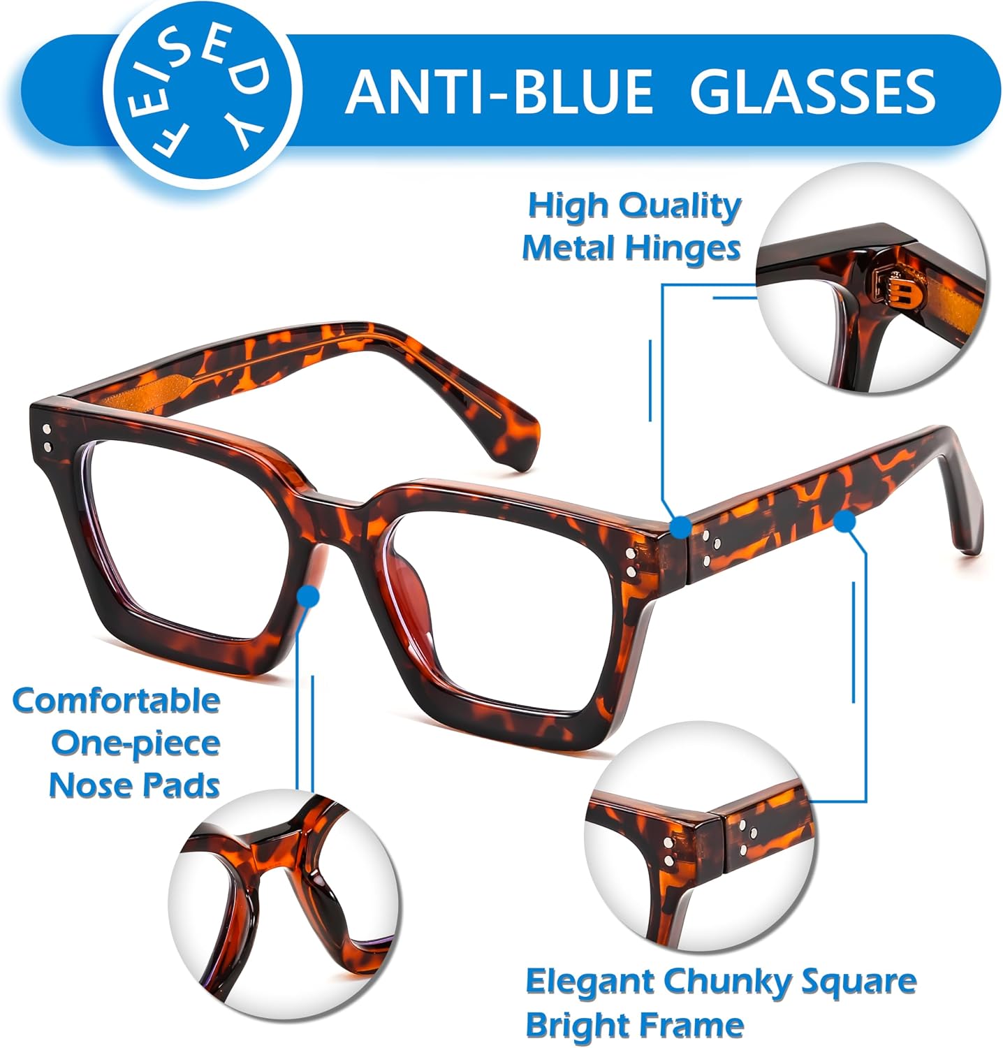 商品图片 32 | B0CWRK3FFF | FEISEDY Blue Light Blocking Glasses Women Men Chunky Square Computer Glasses B0101