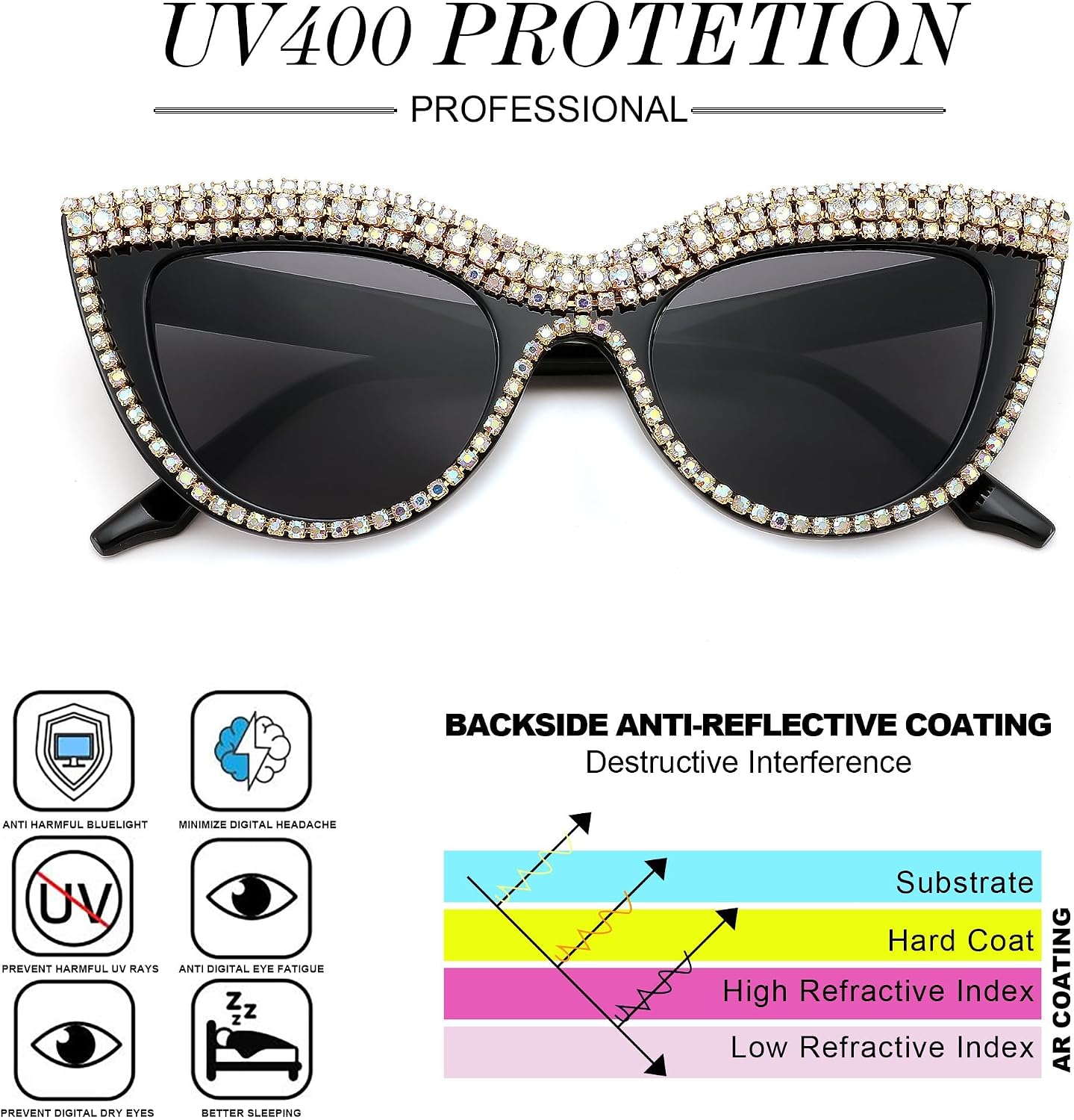 商品图片 4 | B0BZ7YMM4F | FEISEDY Oversized Women Cat Eye Rhinestone Sunglasses Costume Party B2360