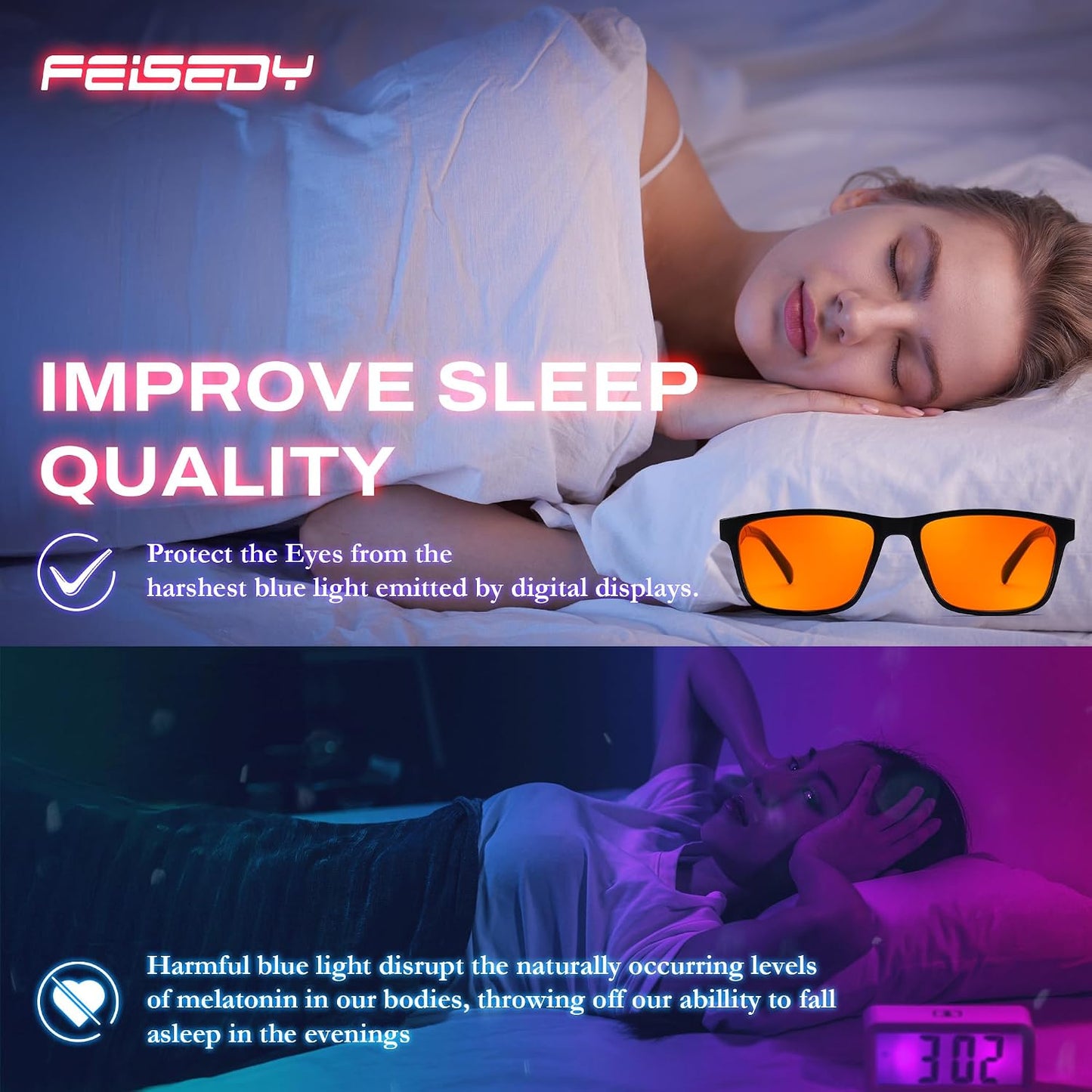 商品图片 4 | B0DJM9D9KM | FEISEDY Blue Light Glasses for Better Sleep Amber Computer Gaming TV Anti Eyestrain Glasses with Spring Hinge B0249