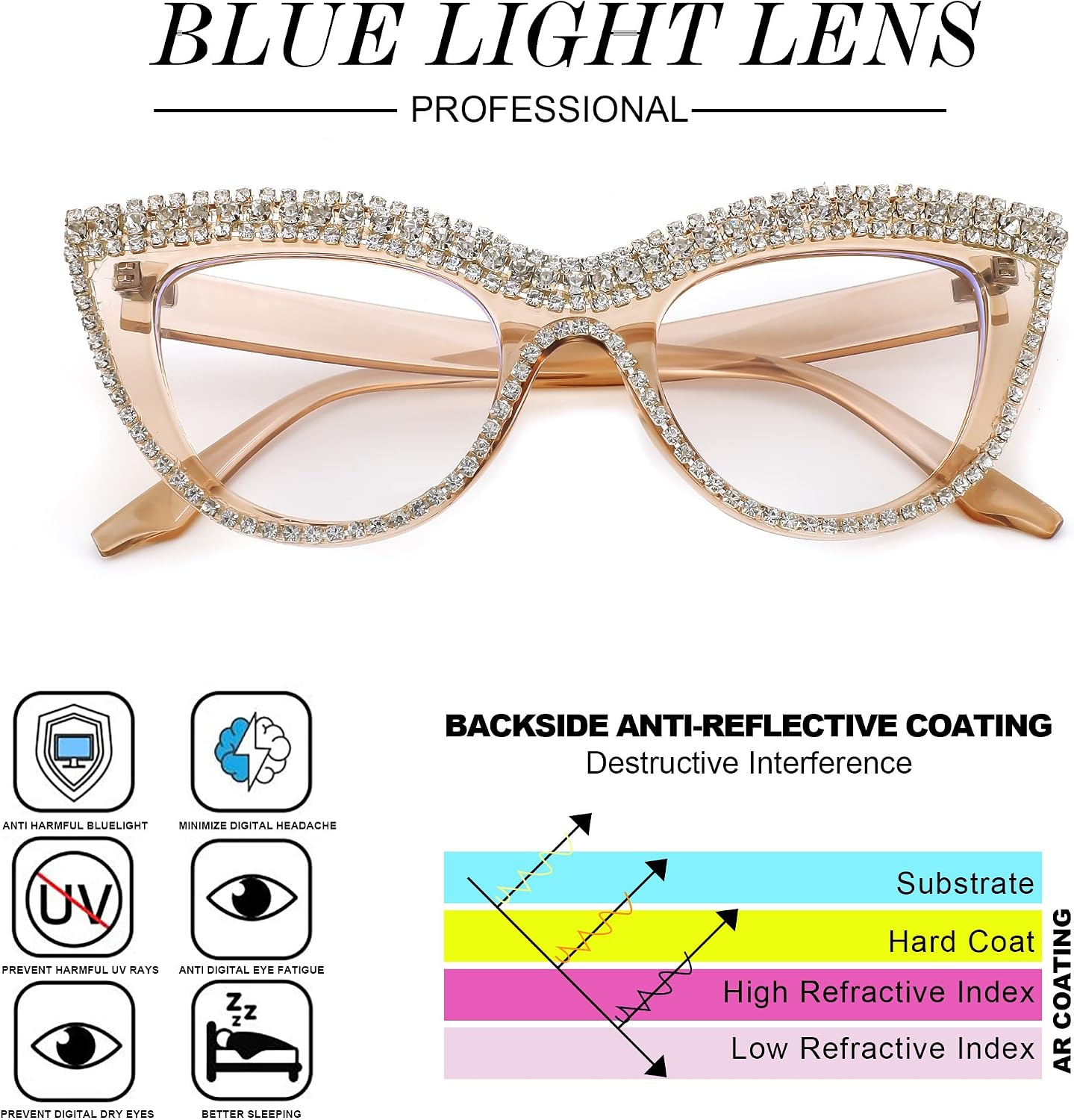 商品图片 35 | B0BLH5NHK8 | FEISEDY Diamond Blue Light Blocking Glasses Cat Eye Rhinestone Women Oversized Anti Eyestrain Computer Glasses Frame B2358