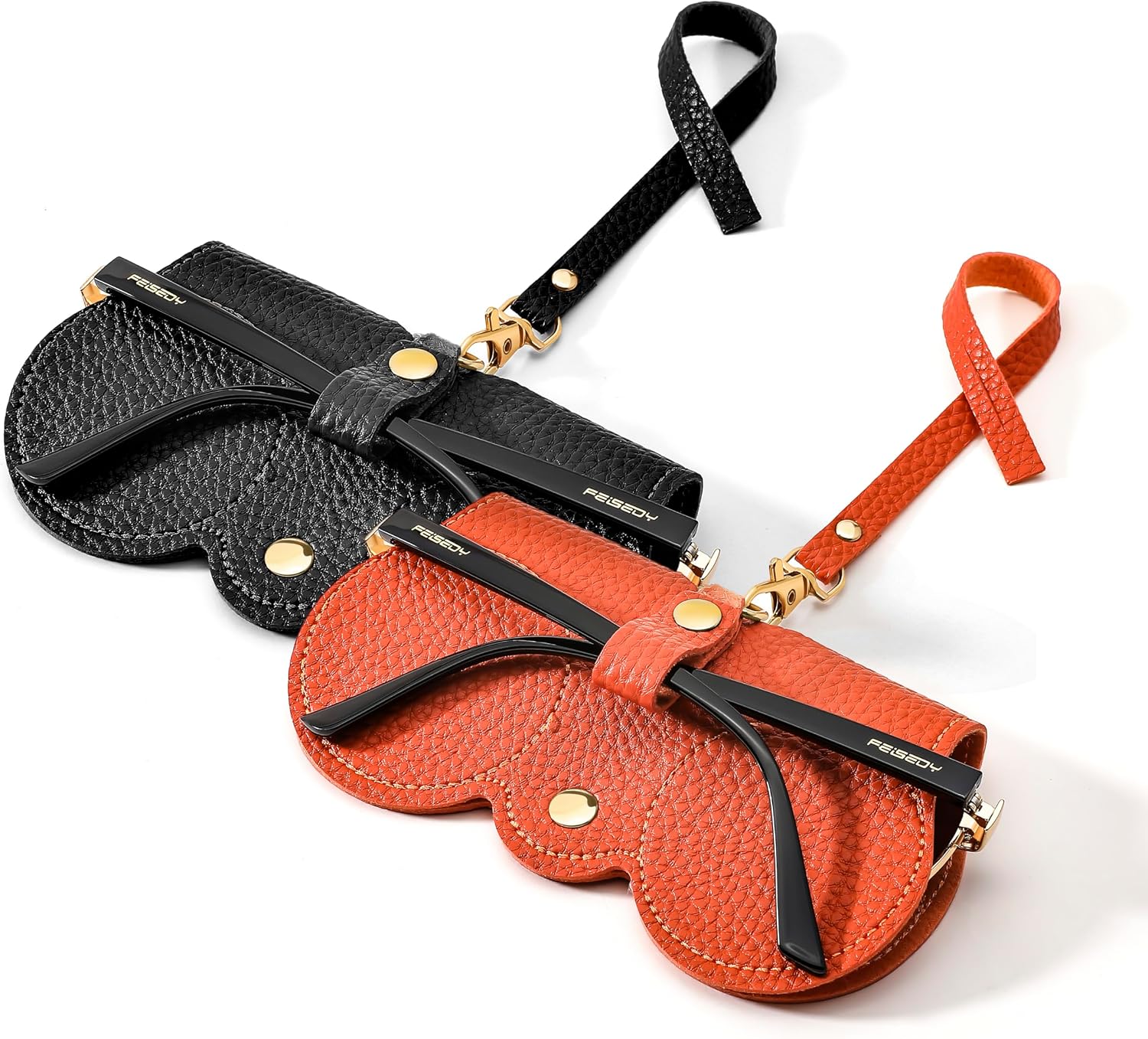 Black + Orange | B0CFPVMZFQ | FEISEDY 2Pack Soft Leather Sunglass Bag, Portable Holder Eyeglasses Case | Lightweight Portable Design, With Button Clip Wrist Strap for Travel Daily Use B0049