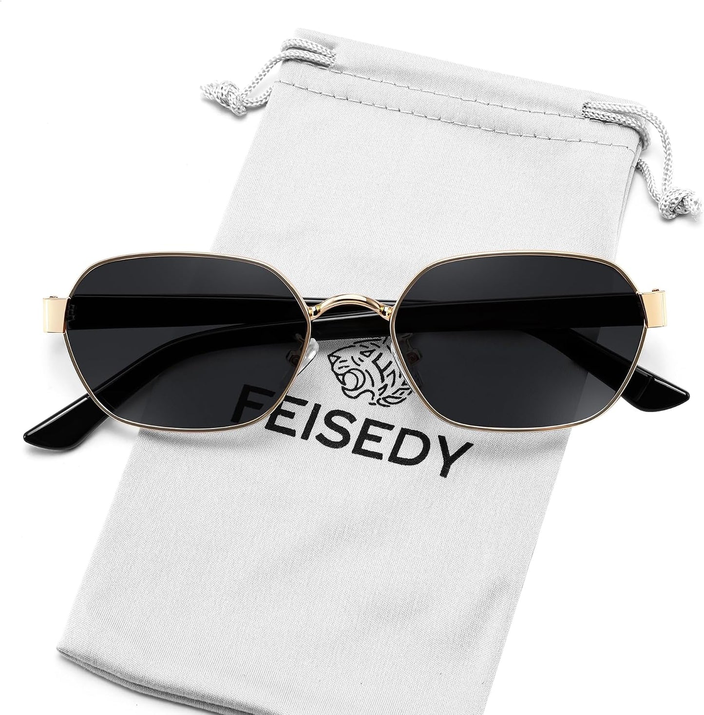 Gold Frame + Grey Lens / 54 Millimeters | B0GY43TK9M | FEISEDY Women and Men UV400 Protection Sunglasses, Polygon Square Metal Frame Retro Stylish Shades B0452