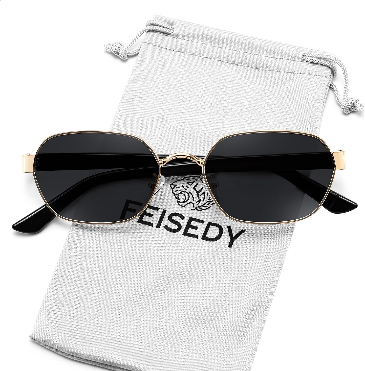 Gold Frame + Grey Lens / 54 Millimeters | B0GY43TK9M | FEISEDY Women and Men UV400 Protection Sunglasses, Polygon Square Metal Frame Retro Stylish Shades B0452