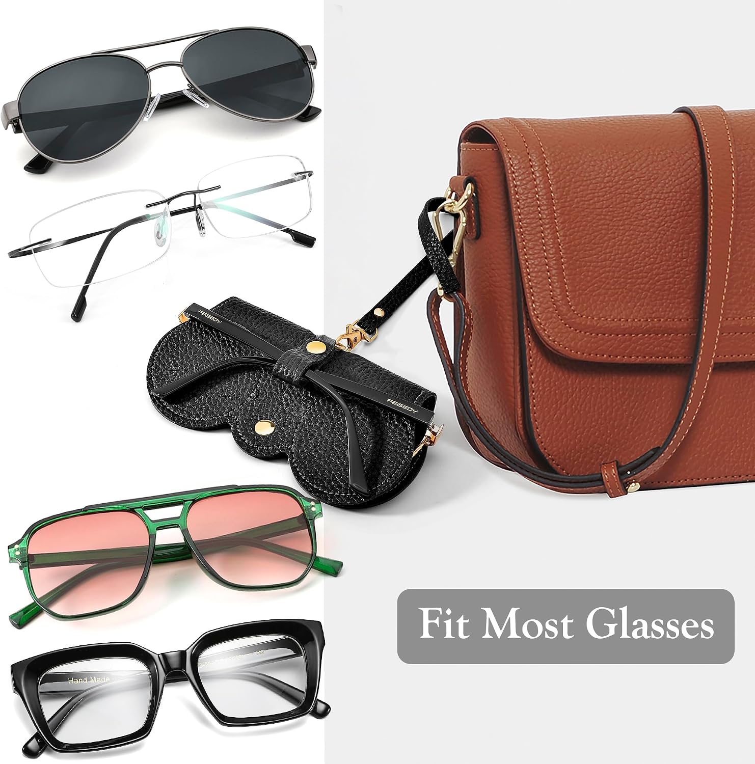商品图片 2 | B0CFPPR4K1 | FEISEDY 2Pack Soft Leather Sunglass Bag, Portable Holder Eyeglasses Case | Lightweight Portable Design, With Button Clip Wrist Strap for Travel Daily Use B0049