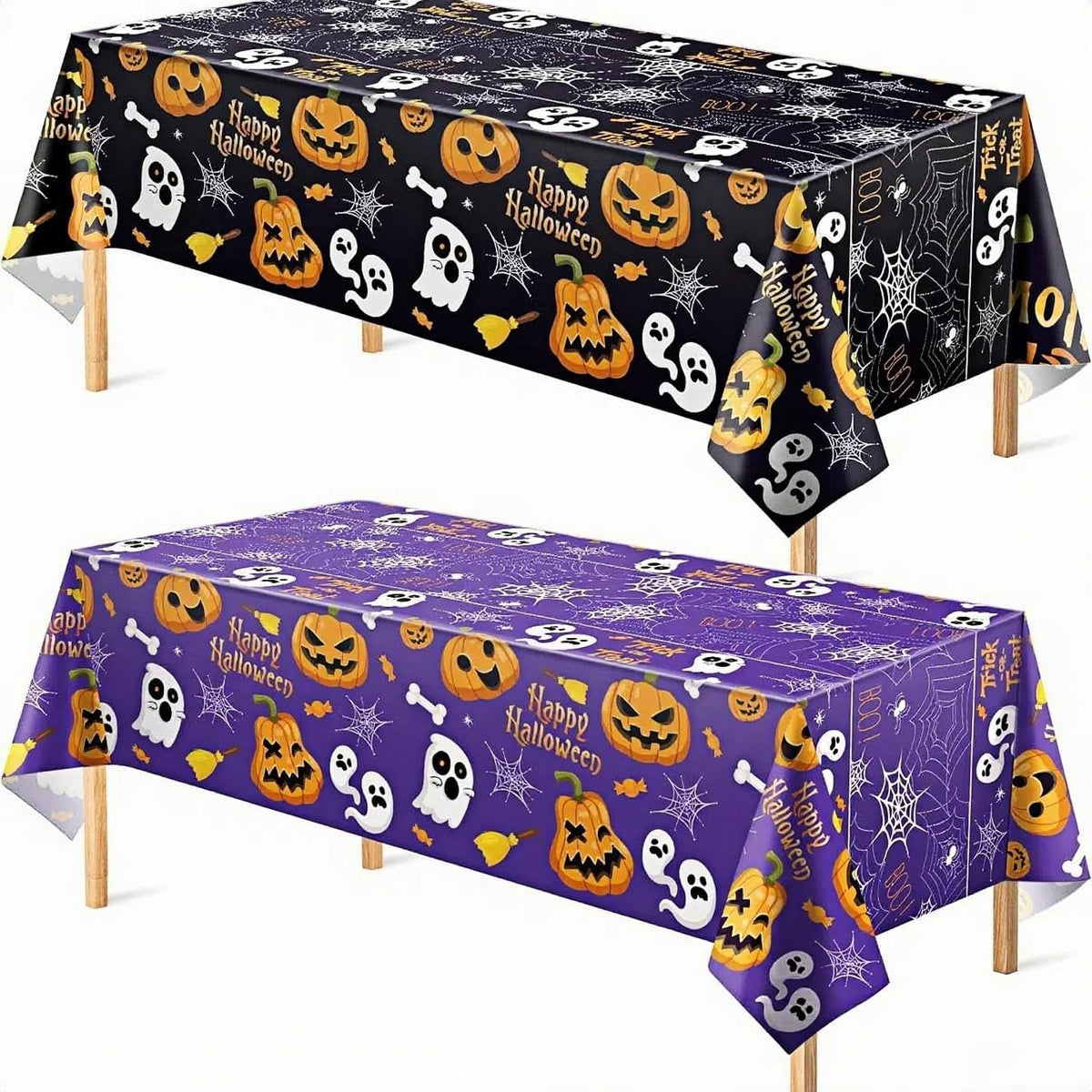 Black+purple | B0FLXC9QDS | Tablecloth (2 Pack) 51.2 x 86.6 Inch Disposable Plastic Table Cover for Party Ghost/Bone/Ghost Face Pumpkin Decorations Birthday Party Indoor Outdoor Decor