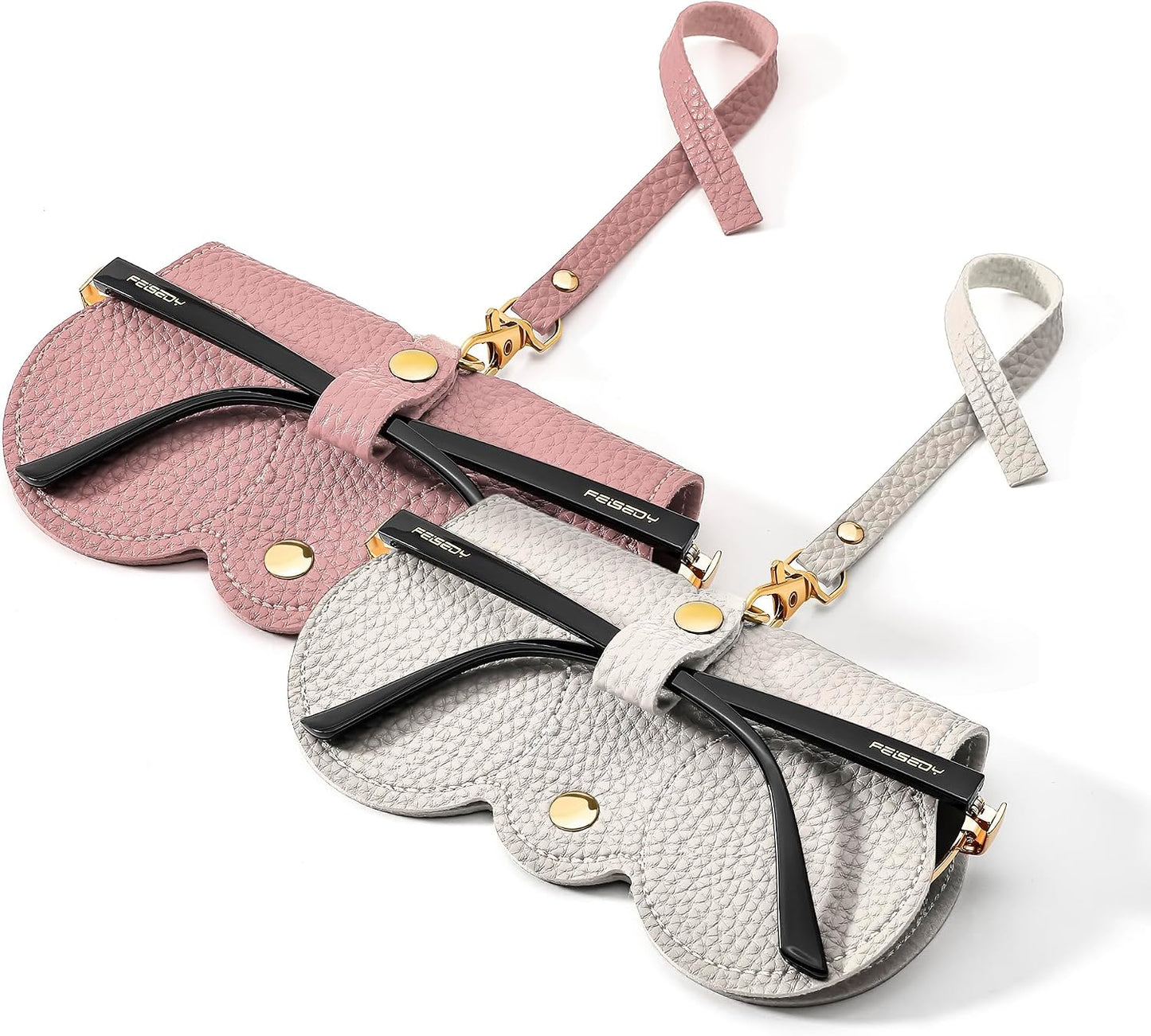 Pink+white | B0FQH56XVD | FEISEDY 2Pack Soft Leather Sunglass Bag, Portable Holder Eyeglasses Case | Lightweight Portable Design, With Button Clip Wrist Strap for Travel Daily Use B0049