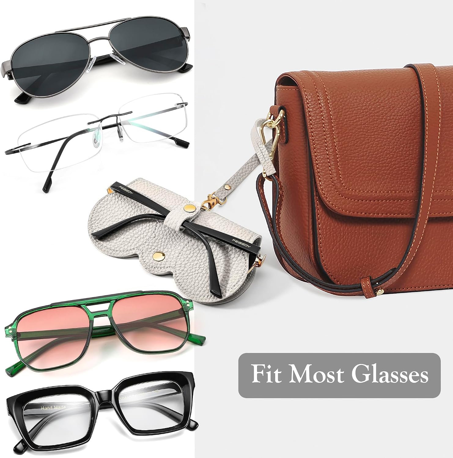 商品图片 20 | B0CFPPR4K1 | FEISEDY 2Pack Soft Leather Sunglass Bag, Portable Holder Eyeglasses Case | Lightweight Portable Design, With Button Clip Wrist Strap for Travel Daily Use B0049
