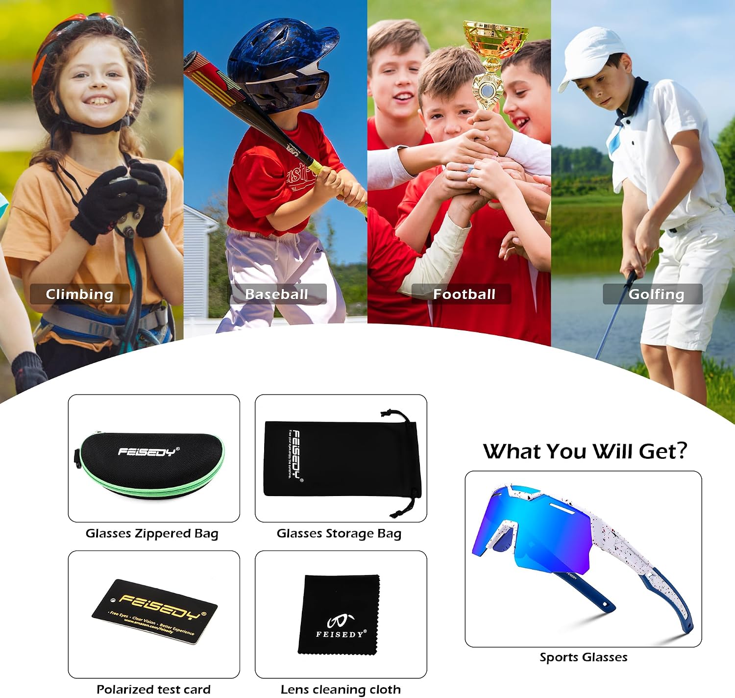 商品图片 42 | B0D78P6WRV | FEISEDY Kids Teens Baseball Polarized Sunglasses Sports Cycling Glasses for Youth Boys Girls Age 8-16 B0157