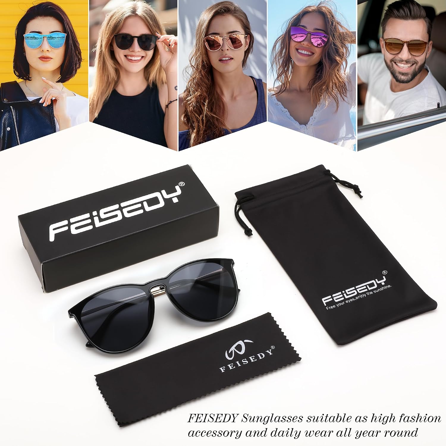 商品图片 6 | B0DGCPG41T | FEISEDY Sunglasses for Women Men Retro Round Cateye Designer Cute Mirrored UV Protection Lens B0210