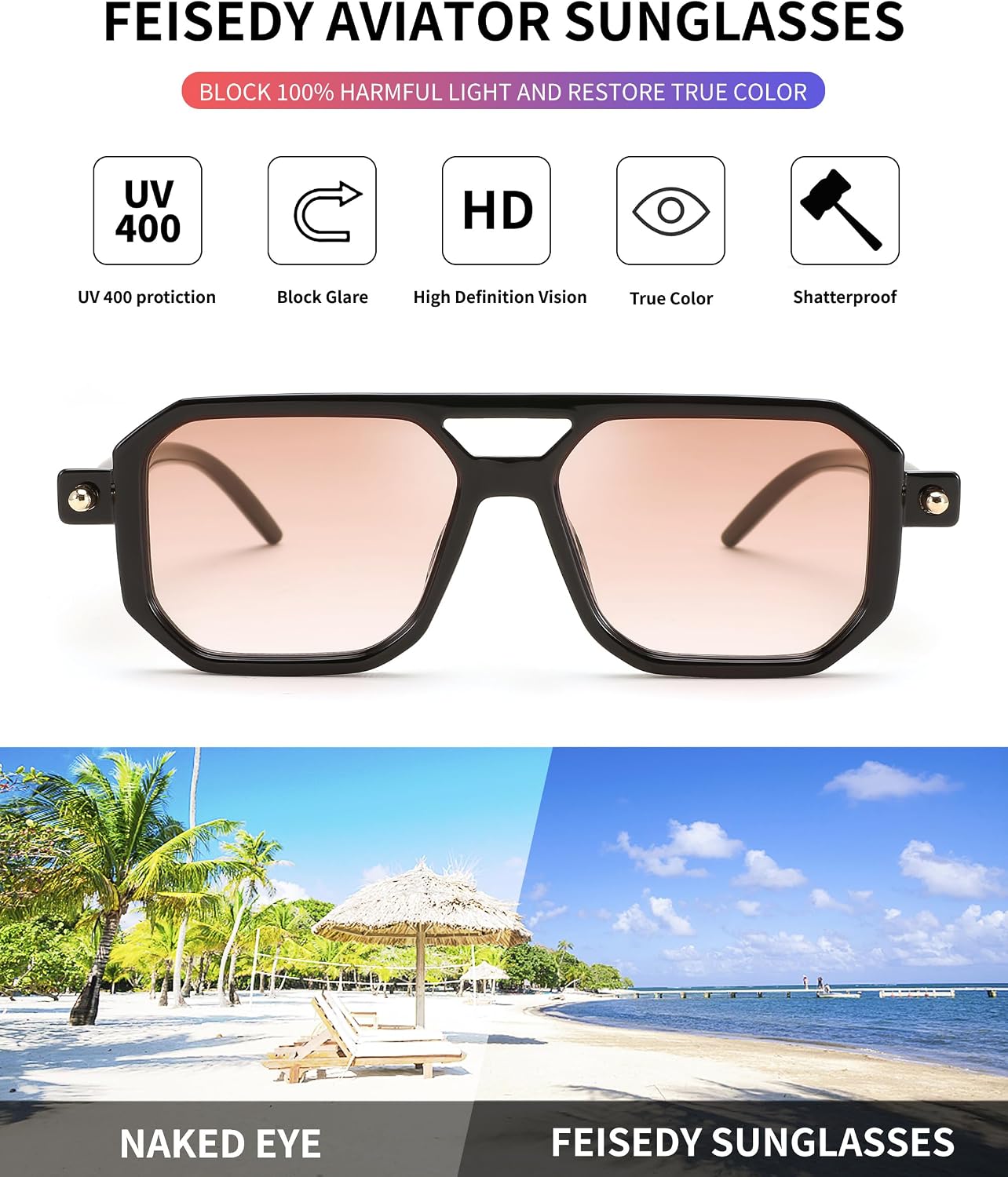 商品图片 35 | B09YTJ4FQZ | FEISEDY Vintage Square 70s Flat Aviator Sunglasses Women Men Classic Retro Stylish Frame UV400 Sunglasses B2622