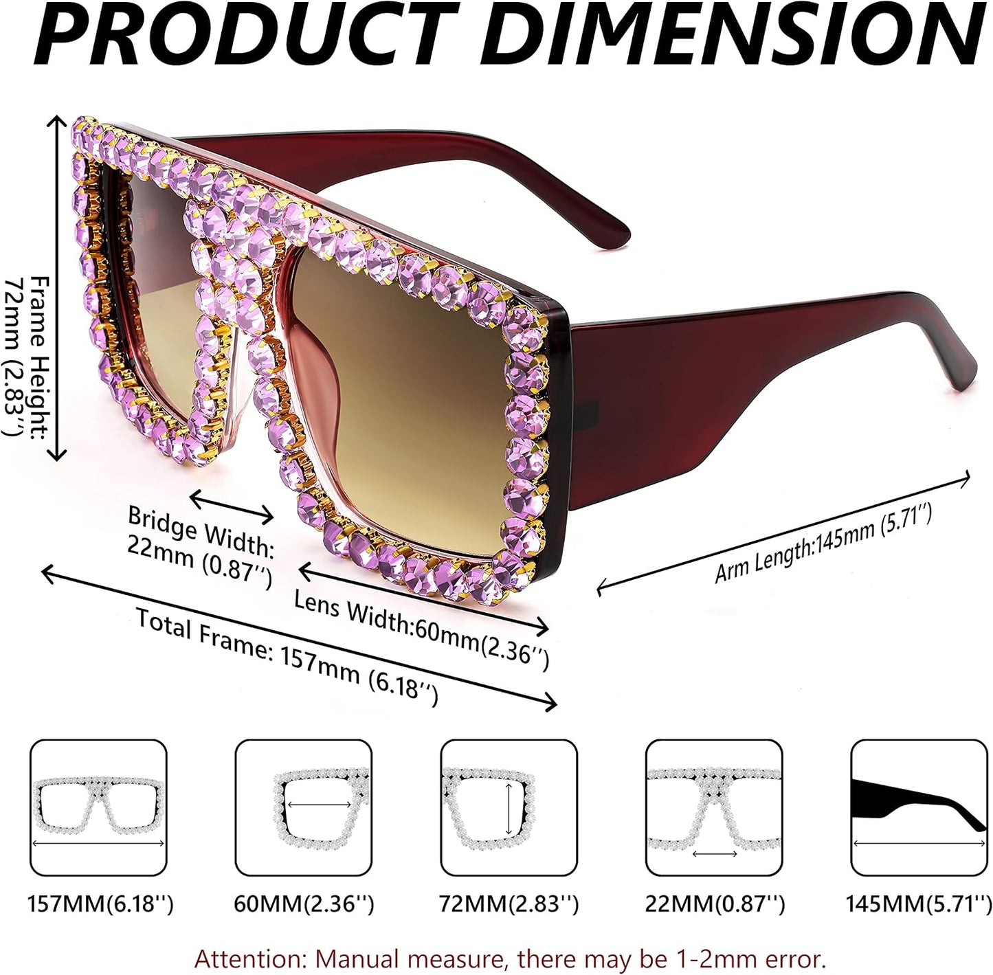 商品图片 13 | B09YHJ846J | FEISEDY Square Diamond Sunglasses for Women Retro Fashion Shiny Rhinestone Sun Glasses B2916