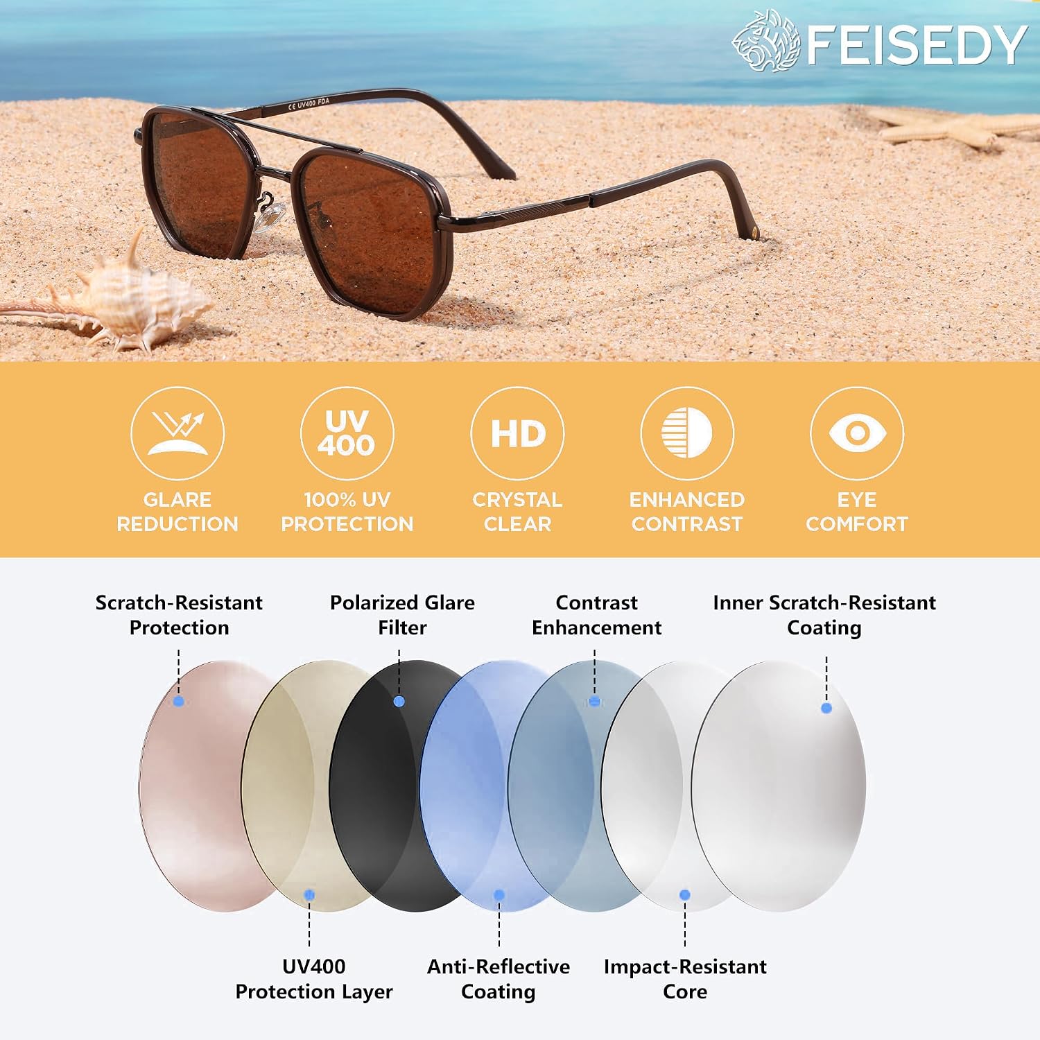 商品图片 28 | B0FQ4Y7FV6 | FEISEDY Polarized Aviator Sunglasses for Women Men Square TAC Lens B0329 | UV400 protection, Lightweight, Military-grade durability, Spring temples, Climate Pledge Friendly, Driving, Beach