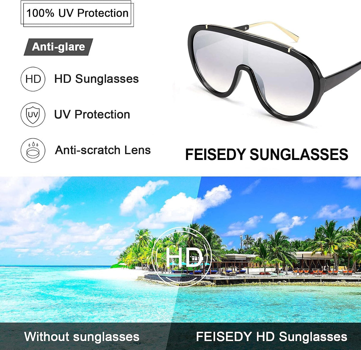ÉÌƷͼƬ 72 | B085PPHWTZ | FEISEDY Retro Oversized Sunglasses Women Men One Piece Frame B2580