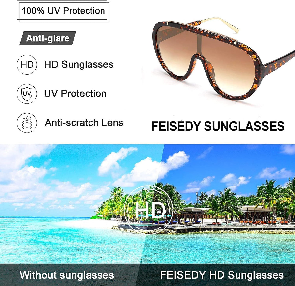 ÉÌƷͼƬ 6 | B085PPHWTZ | FEISEDY Retro Oversized Sunglasses Women Men One Piece Frame B2580