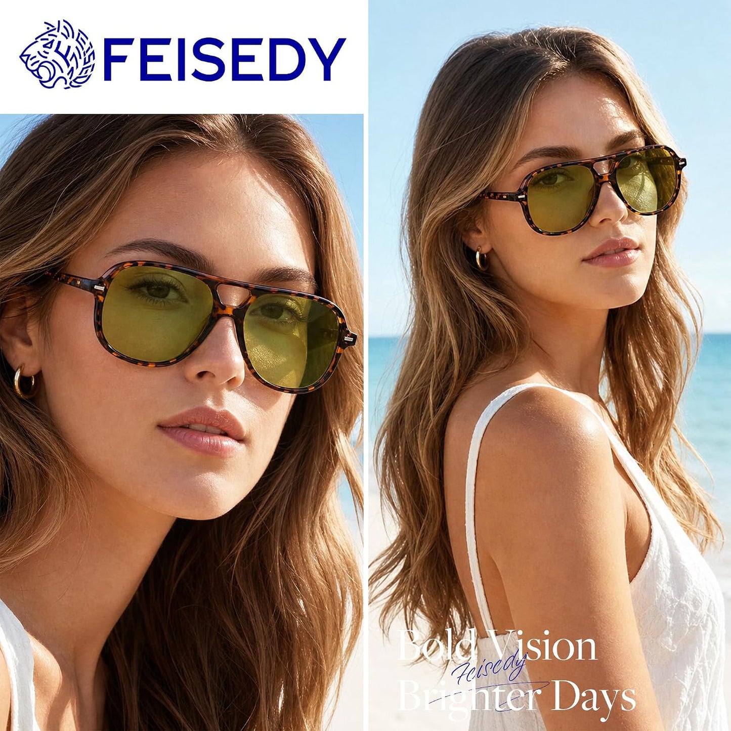 商品图片 19 | B0H1WCGC42 | FEISEDY Retro Square Aviator Sunglasses Women Men Double Bridge B0443