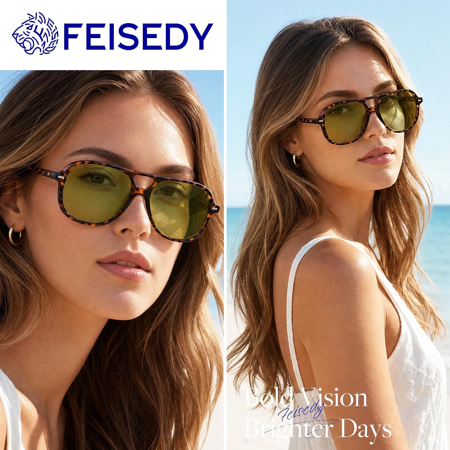 商品图片 19 | B0H1WCGC42 | FEISEDY Retro Square Aviator Sunglasses Women Men Double Bridge B0443