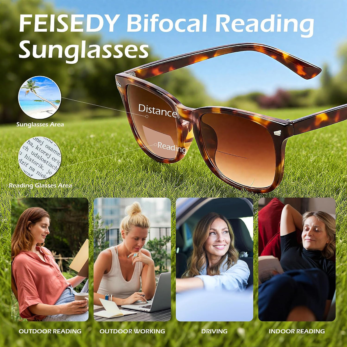 ÉÌƷͼƬ 4 | B0DFPVZVTV | FEISEDY Classic Bifocal Reader Sunglasses for Women Men Square Blue Light Reading Glasses B0231