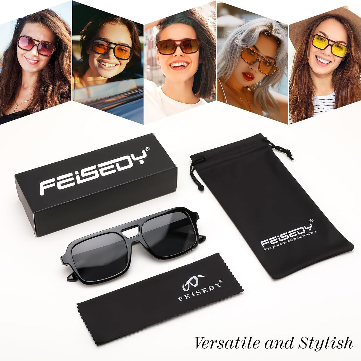 商品图片 6 | B0D446PBGN | FEISEDY Retro 70s Aviator Sunglasses for Women Men Trendy Flat Square Frame UV400 Sunglasses B0174